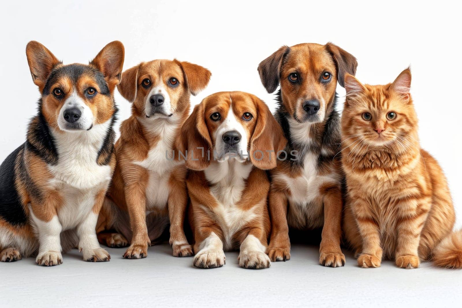 Friendly Portrait of dogs and cats on a white background.