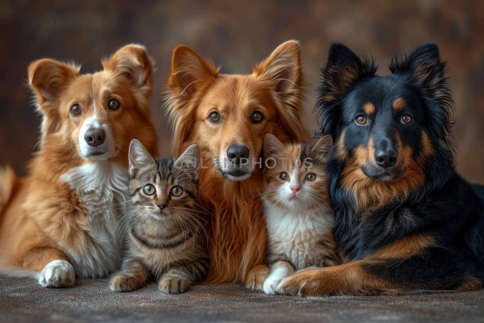 Friendly portrait of dogs and cats on a brown background.