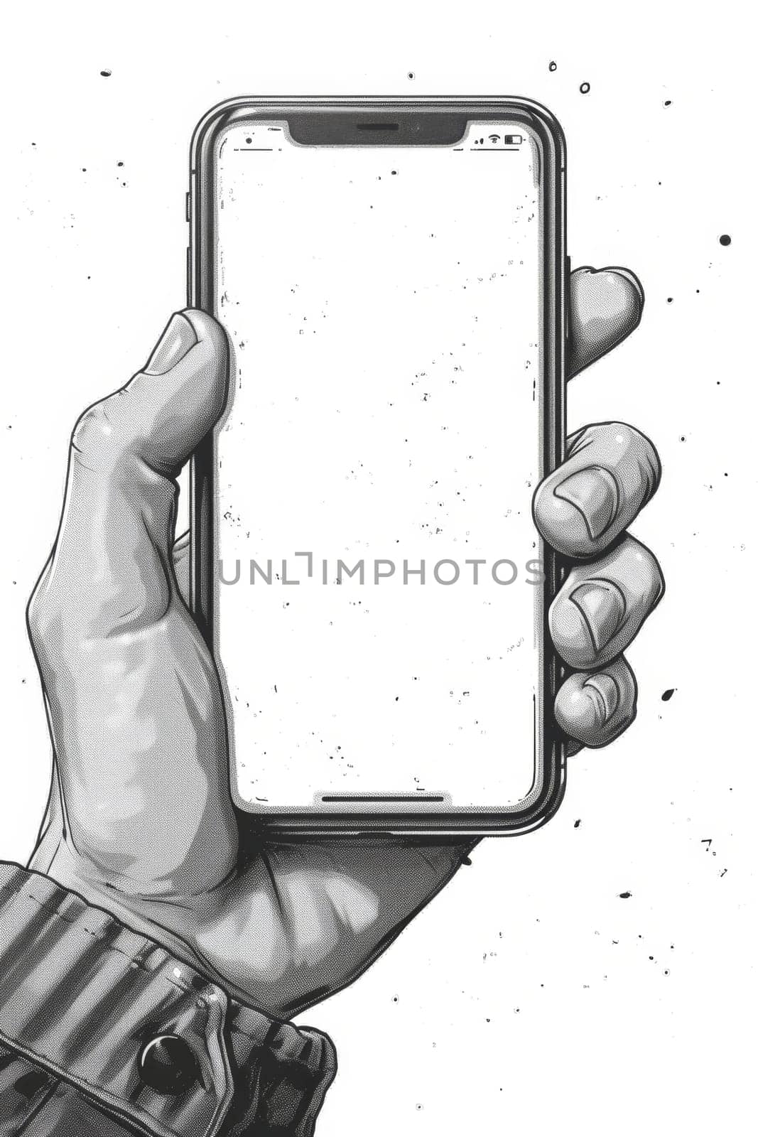 A man's hand holding a black smartphone with a blank screen highlighted on a white background. Illustration
