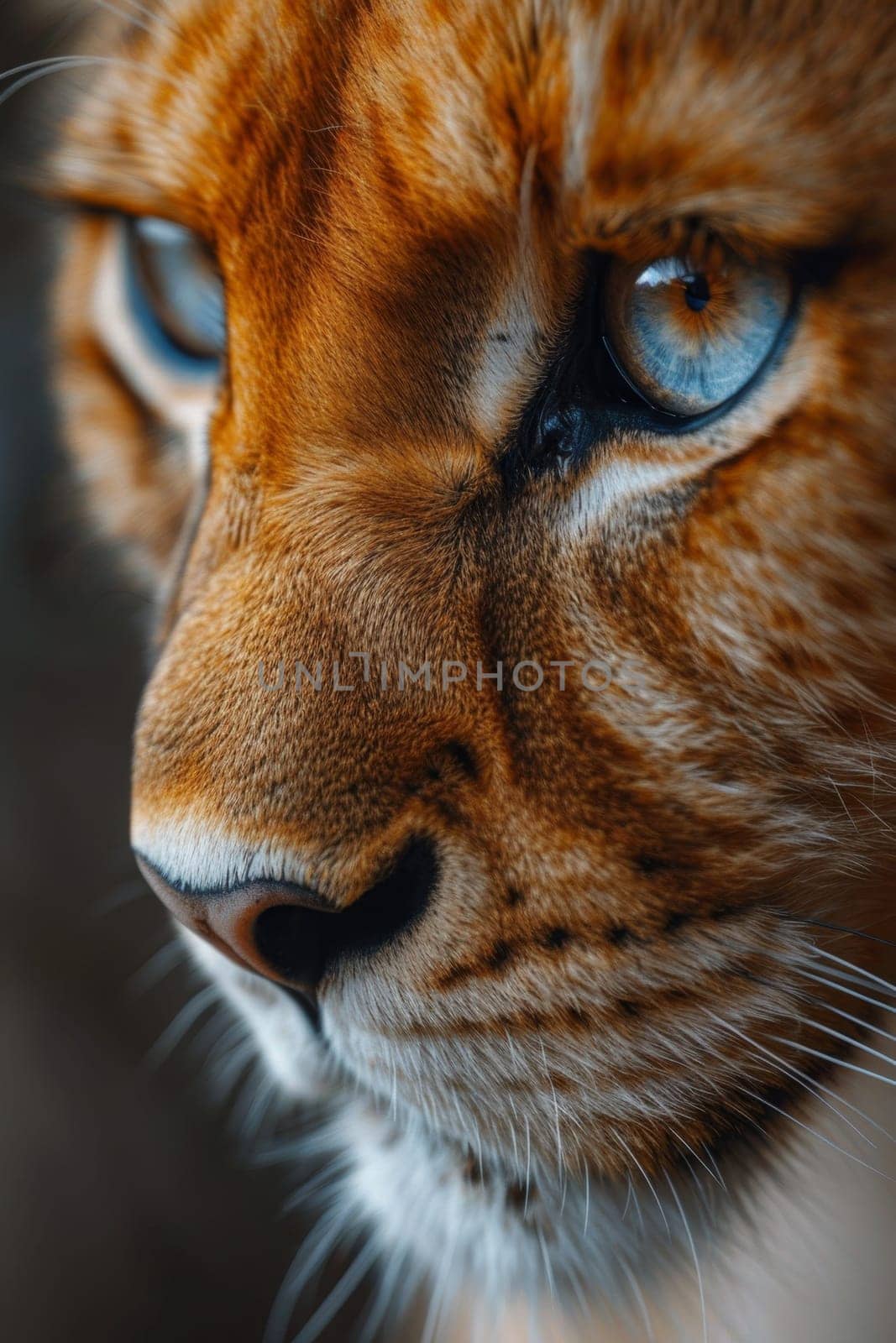 Close-up of a young lioness's face and eyes.