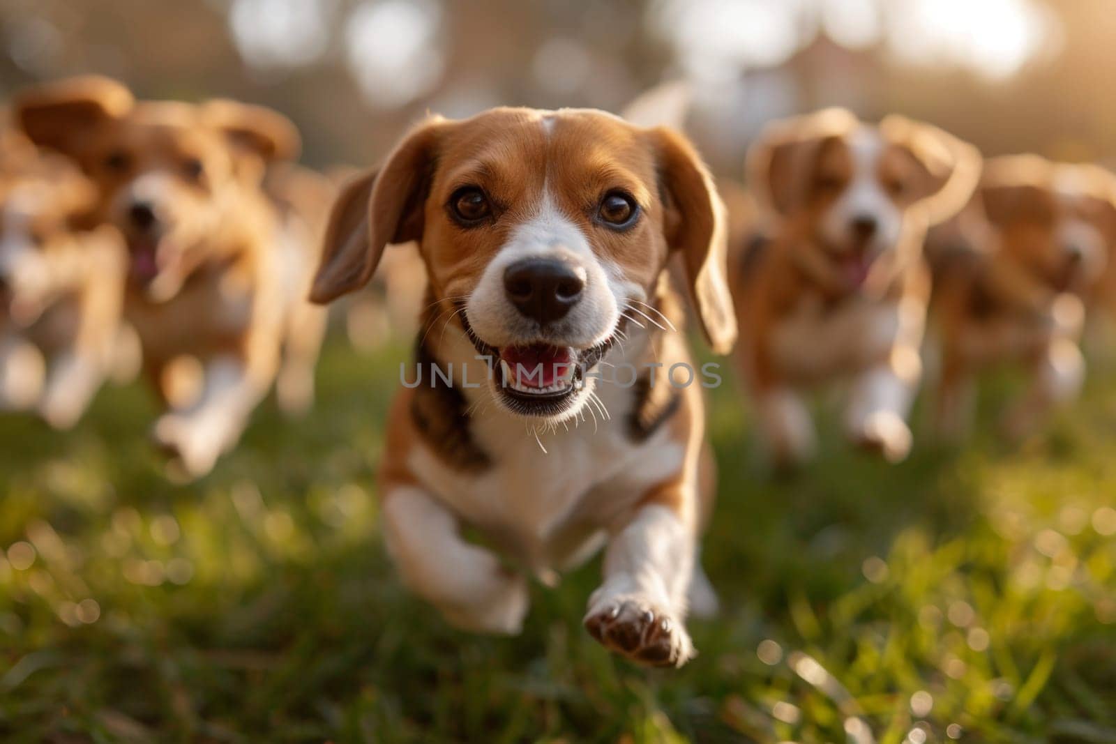 Running beagle dogs run on the green grass in summer.