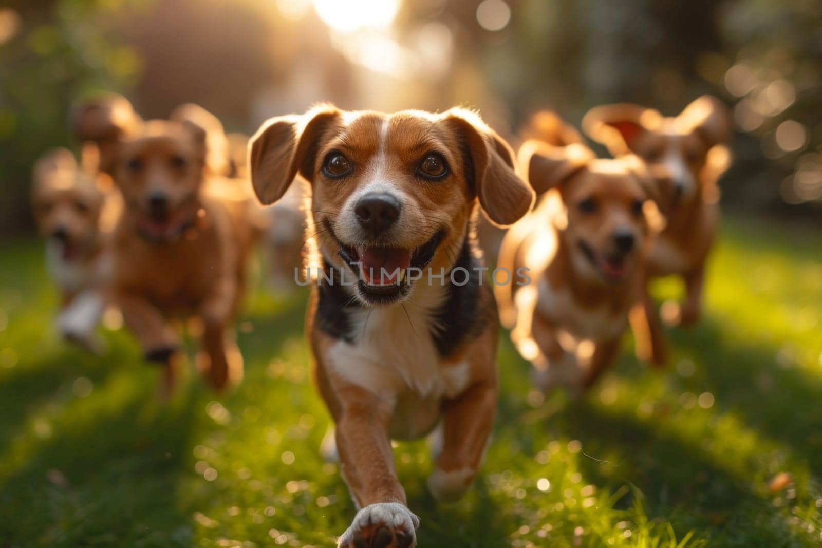 Running beagle dogs run on the green grass in summer.