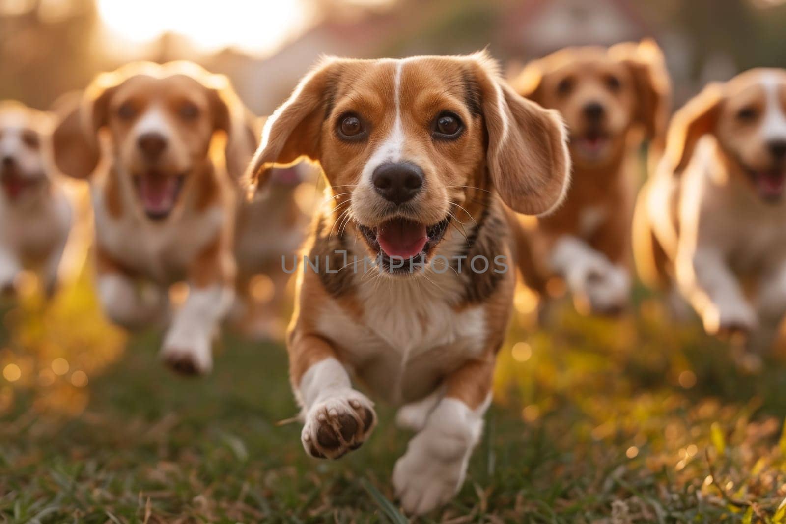 Running beagle dogs run on the green grass in summer by Lobachad