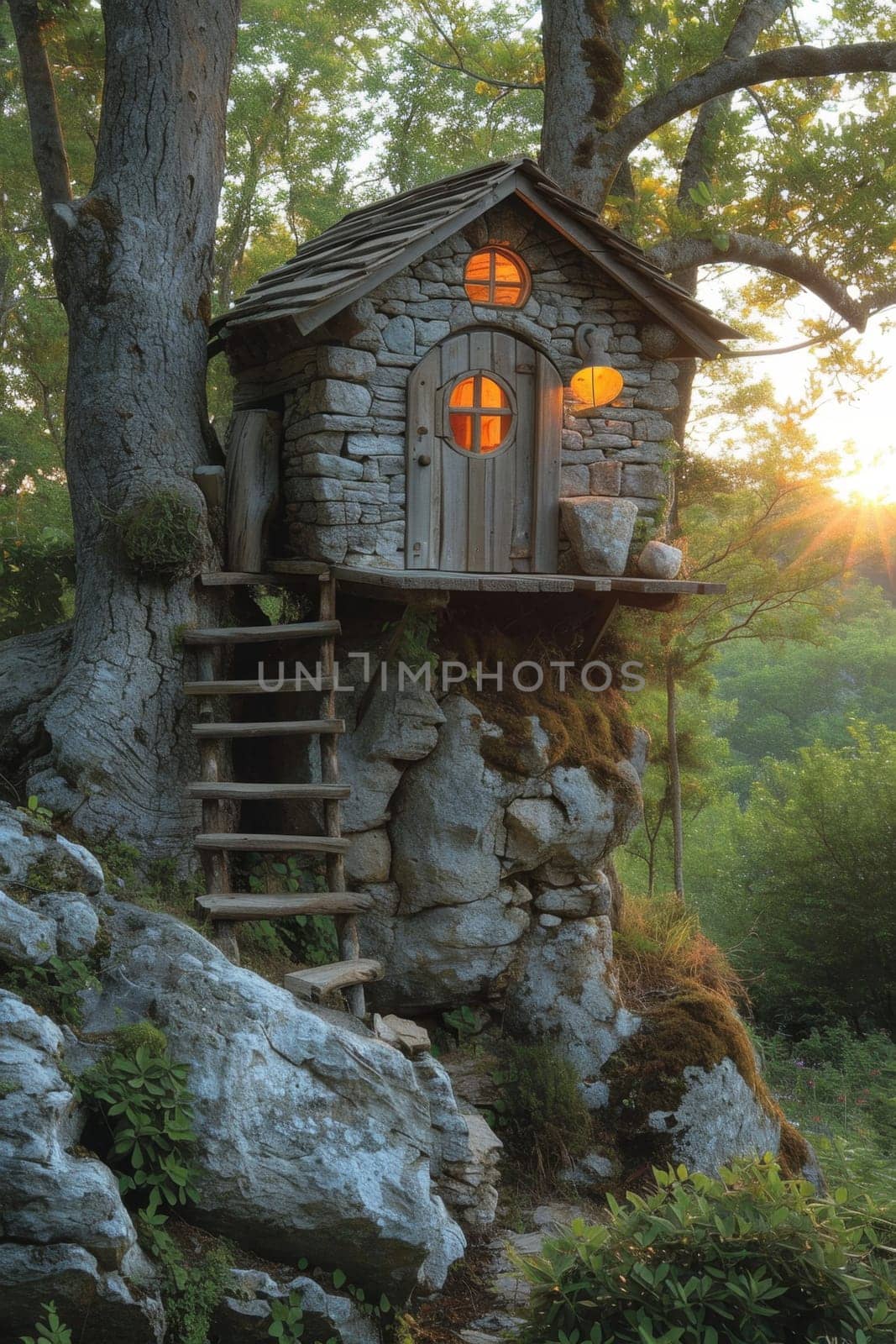 Cute little tree house for kids in the forest.