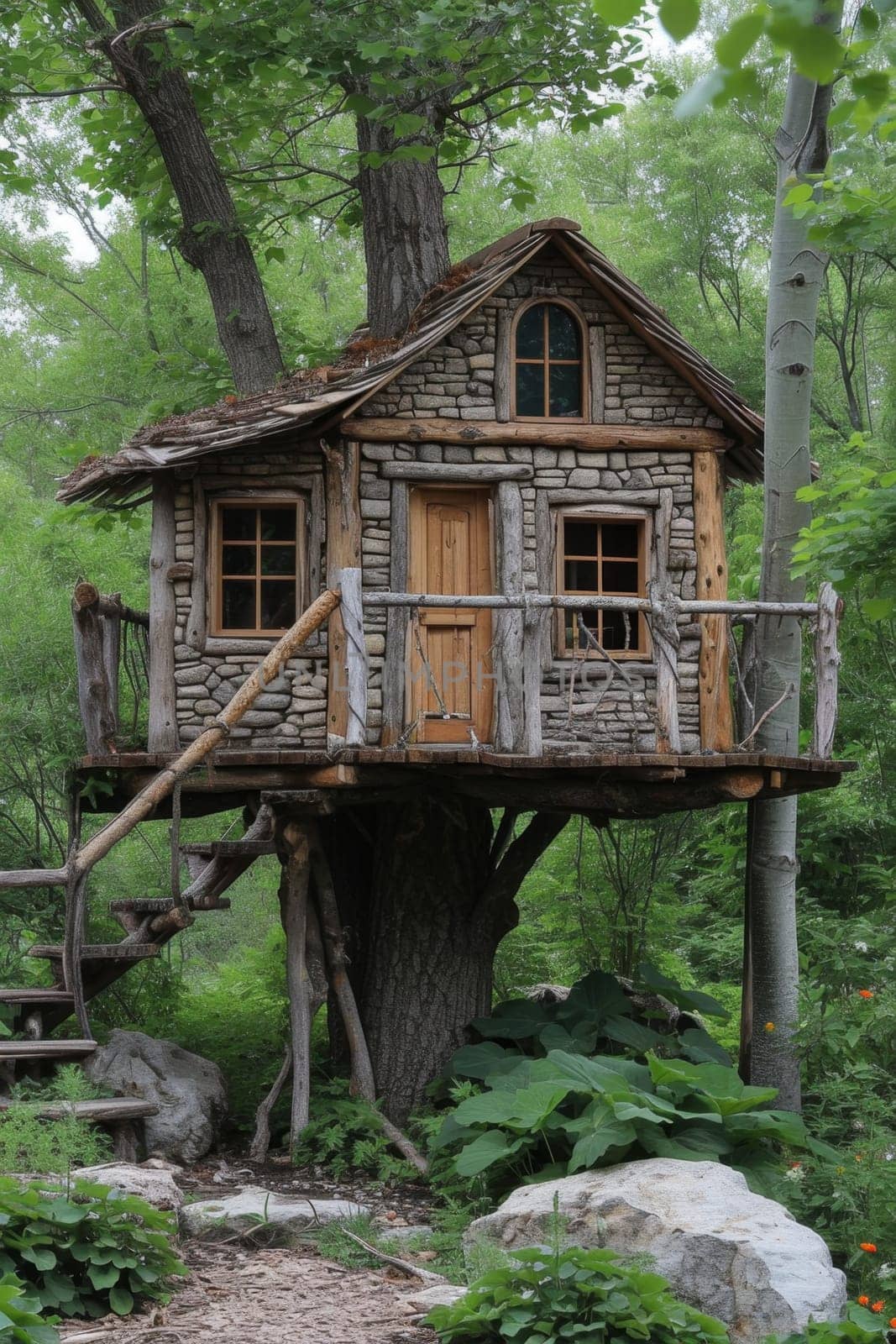 Cute little tree house for kids in the forest.