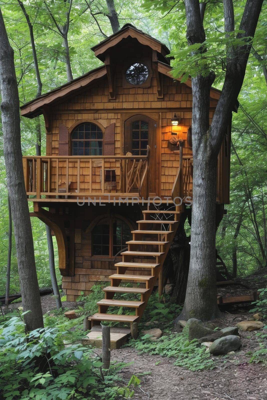 Cute little tree house for kids in the forest.