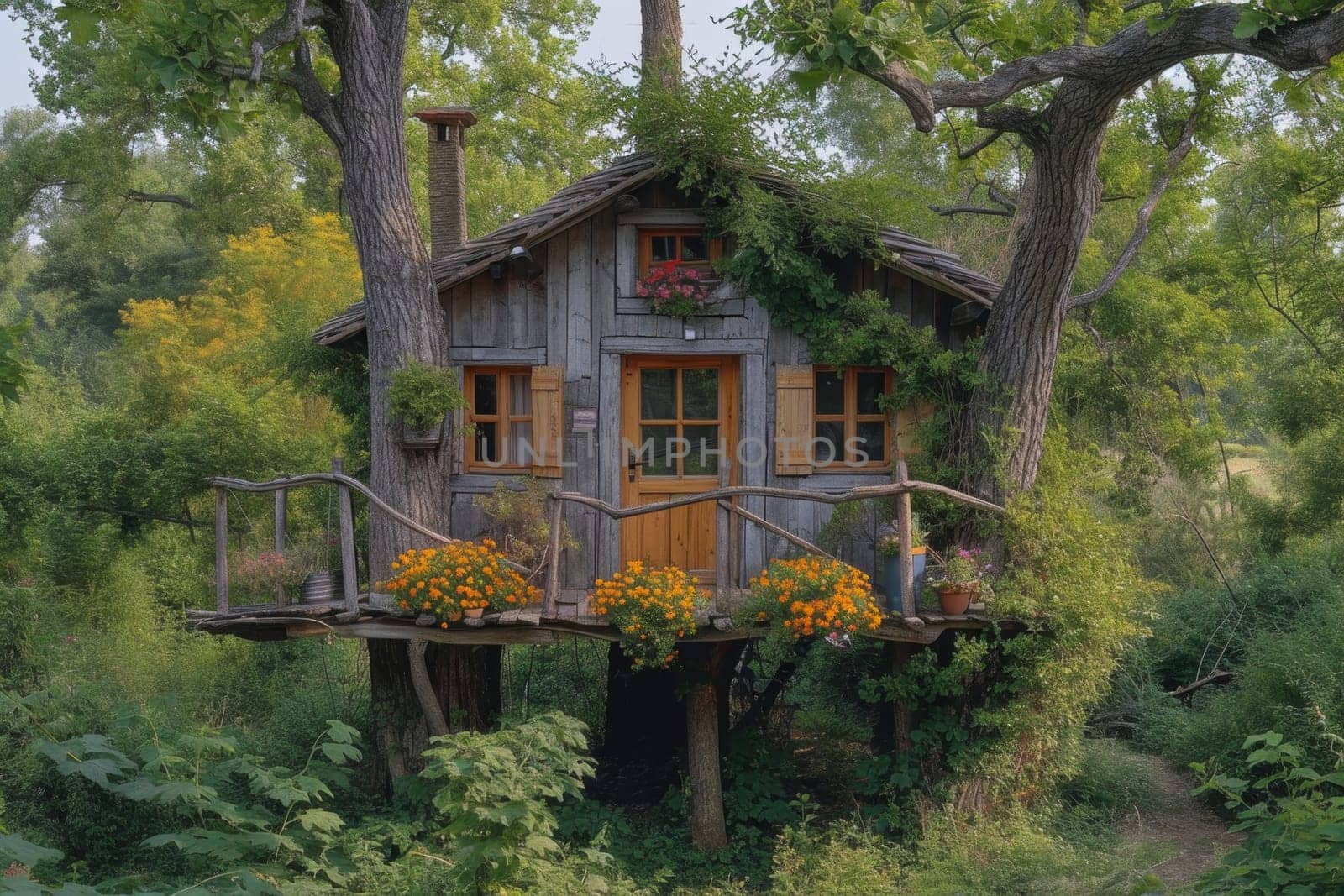 Cute little tree house for kids in the forest.