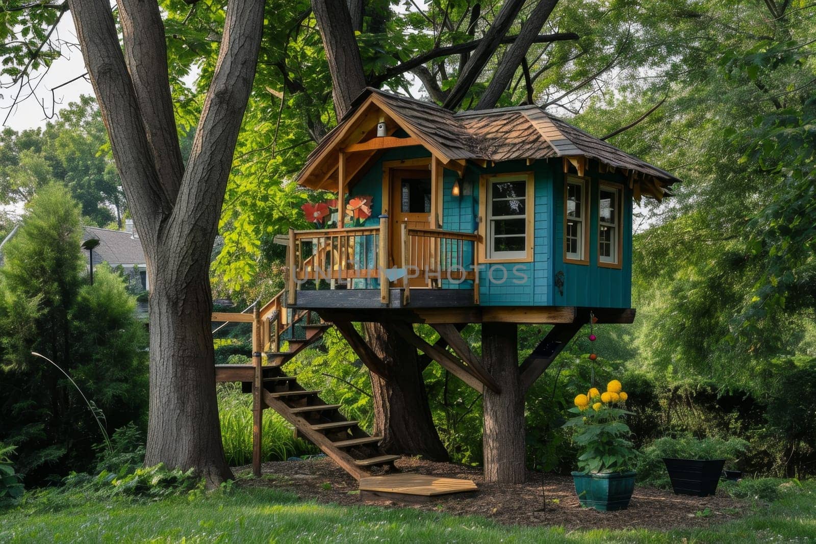 Cute little tree house for kids in the forest.