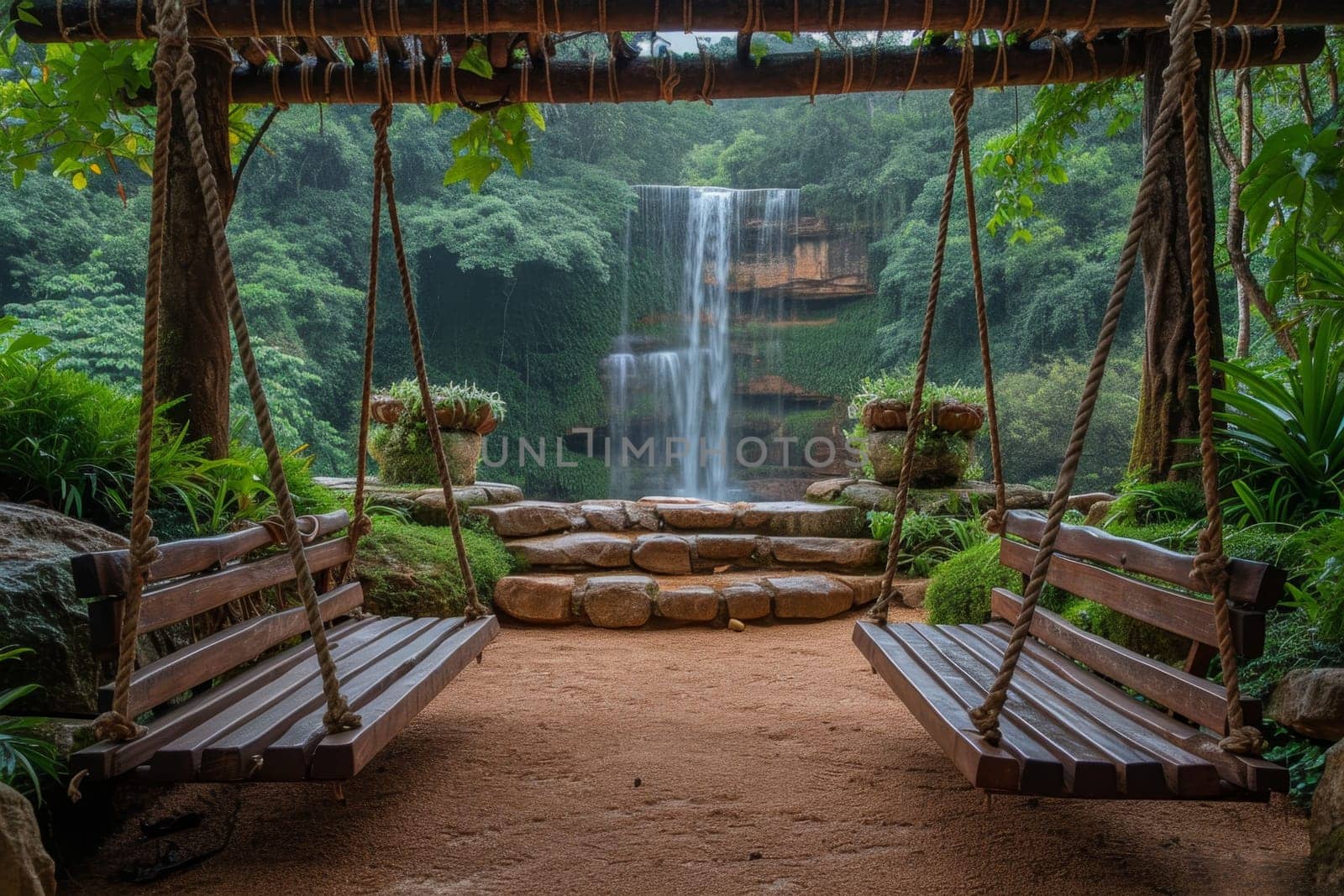Stylish interior with swings on the background of a lake with a waterfall by Lobachad