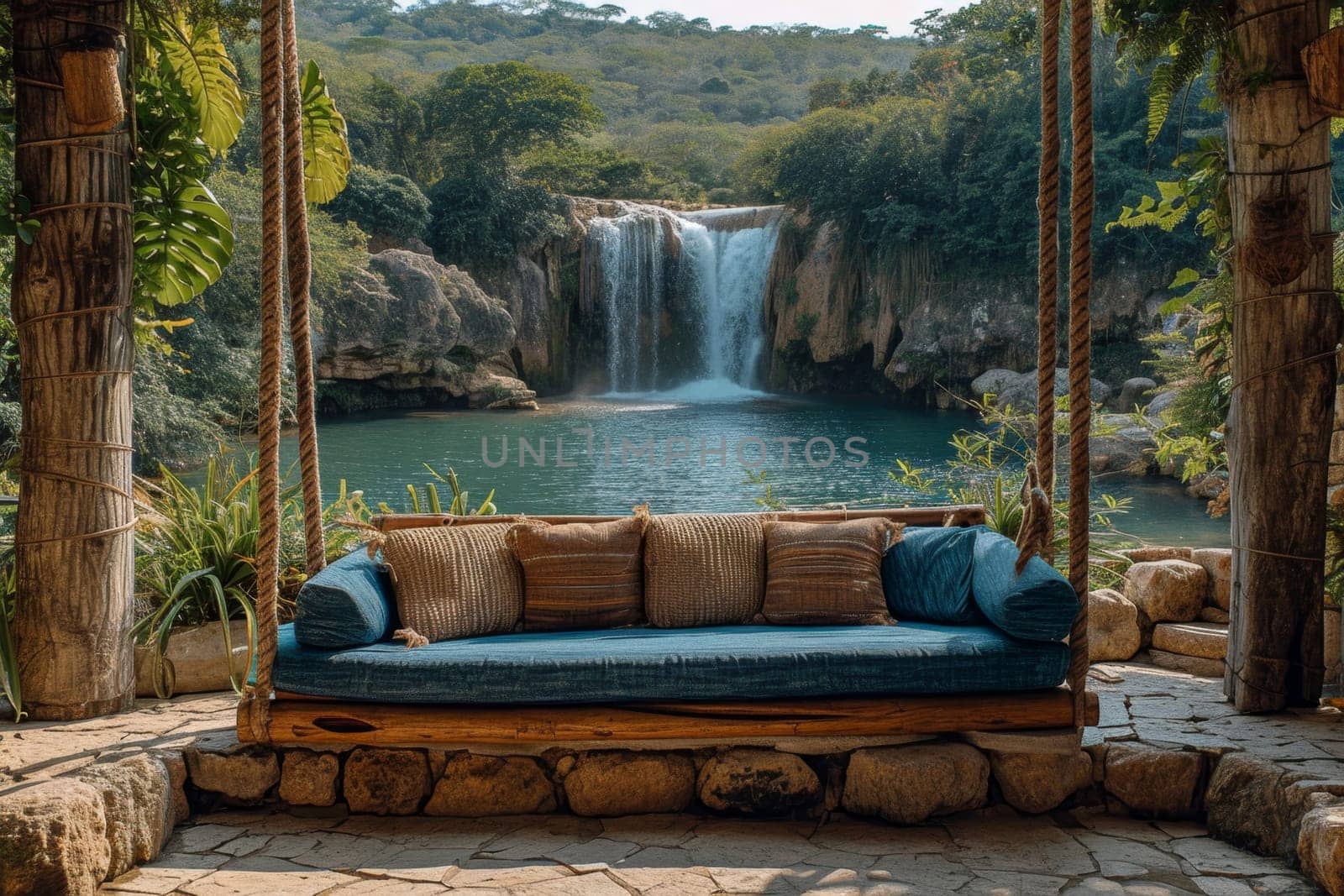 Stylish interior with a sofa on the background of a lake with a waterfall.