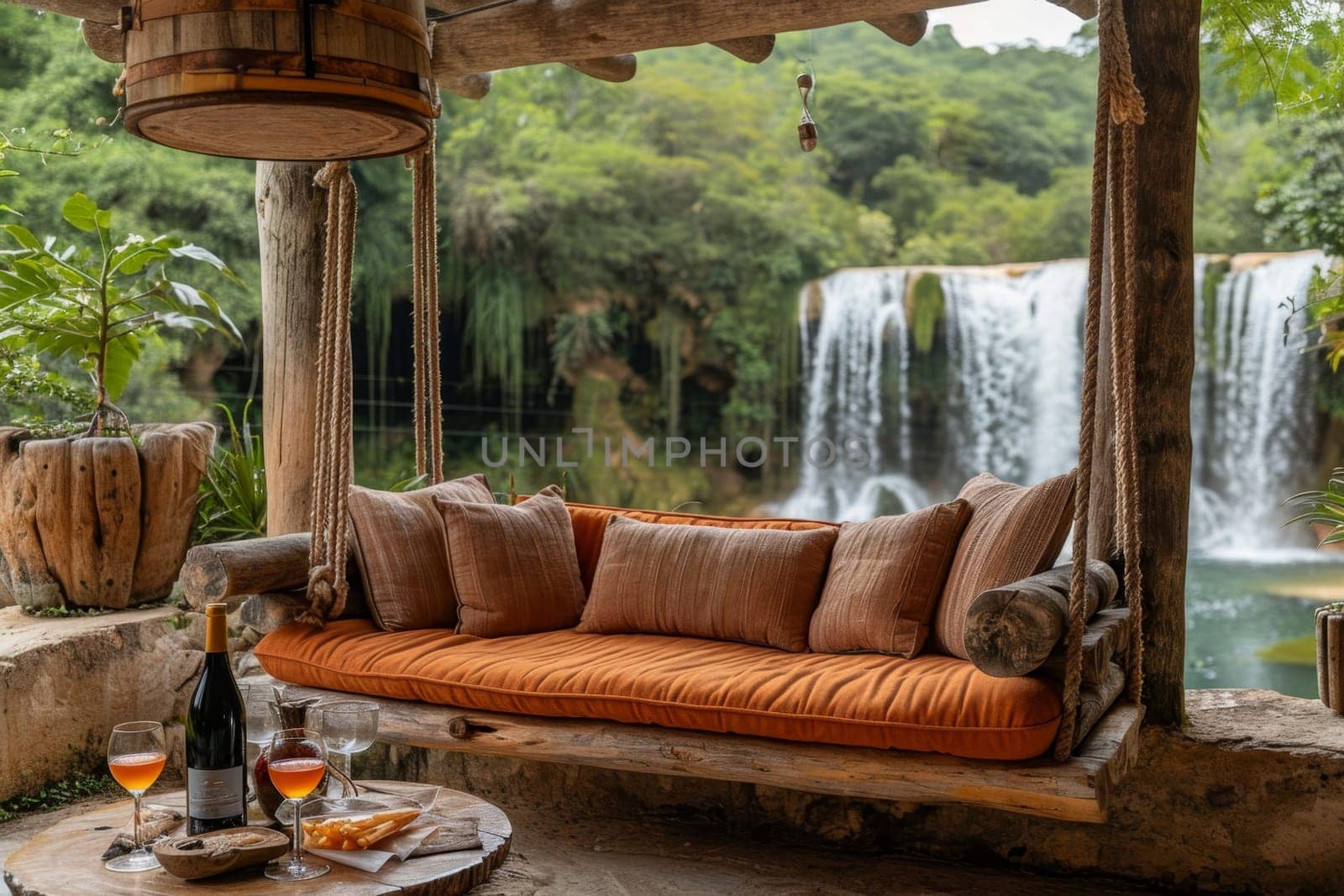 Stylish interior with a sofa on the background of a lake with a waterfall by Lobachad