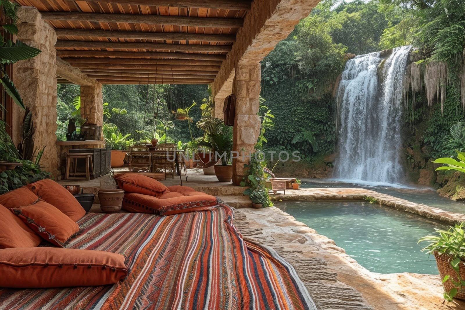 Stylish interior with a sofa on the background of a lake with a waterfall.