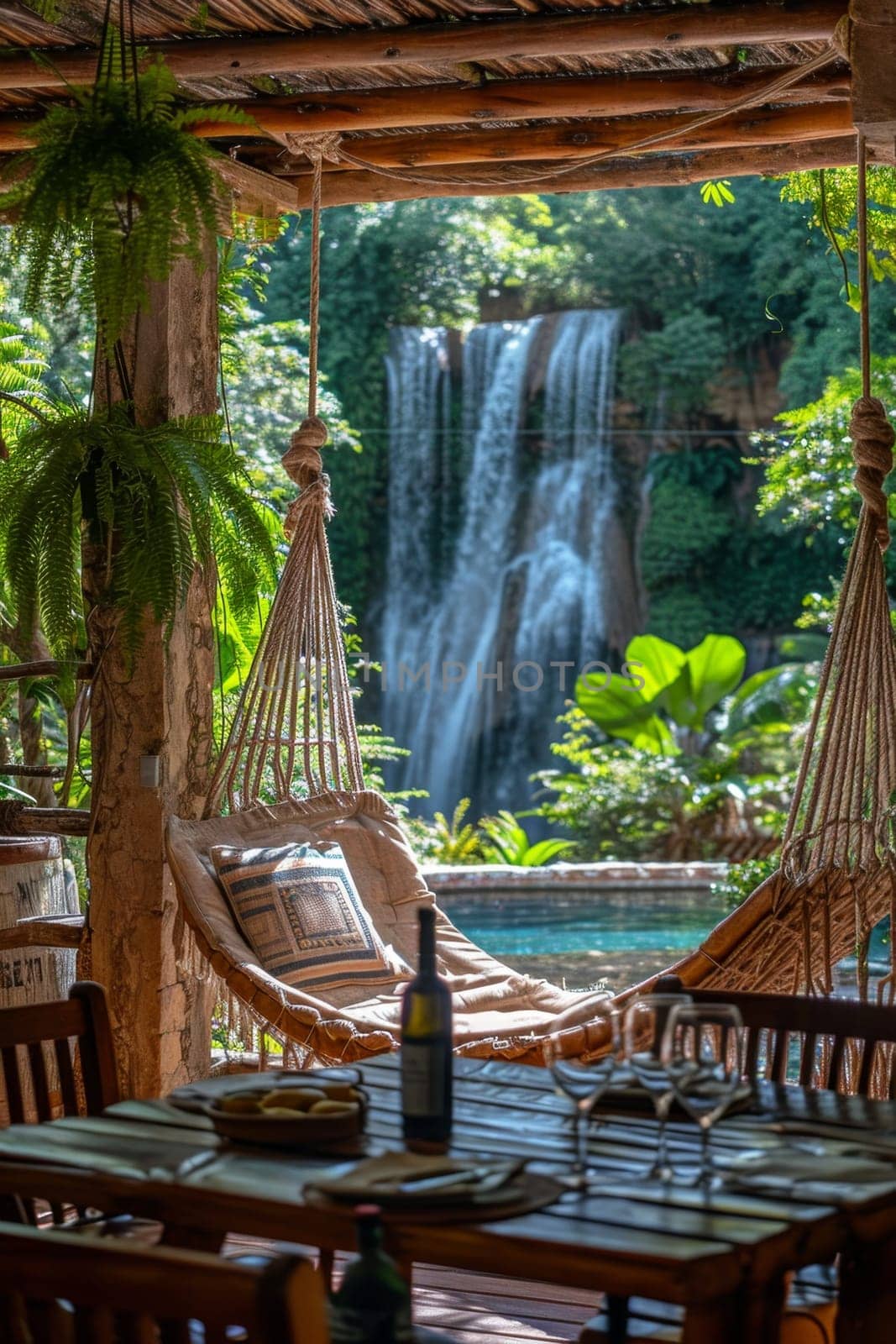 Stylish interior with a hammock on the background of a lake with a waterfall.