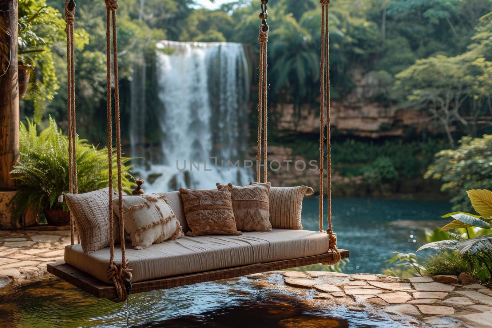 Stylish interior with swings on the background of a lake with a waterfall.