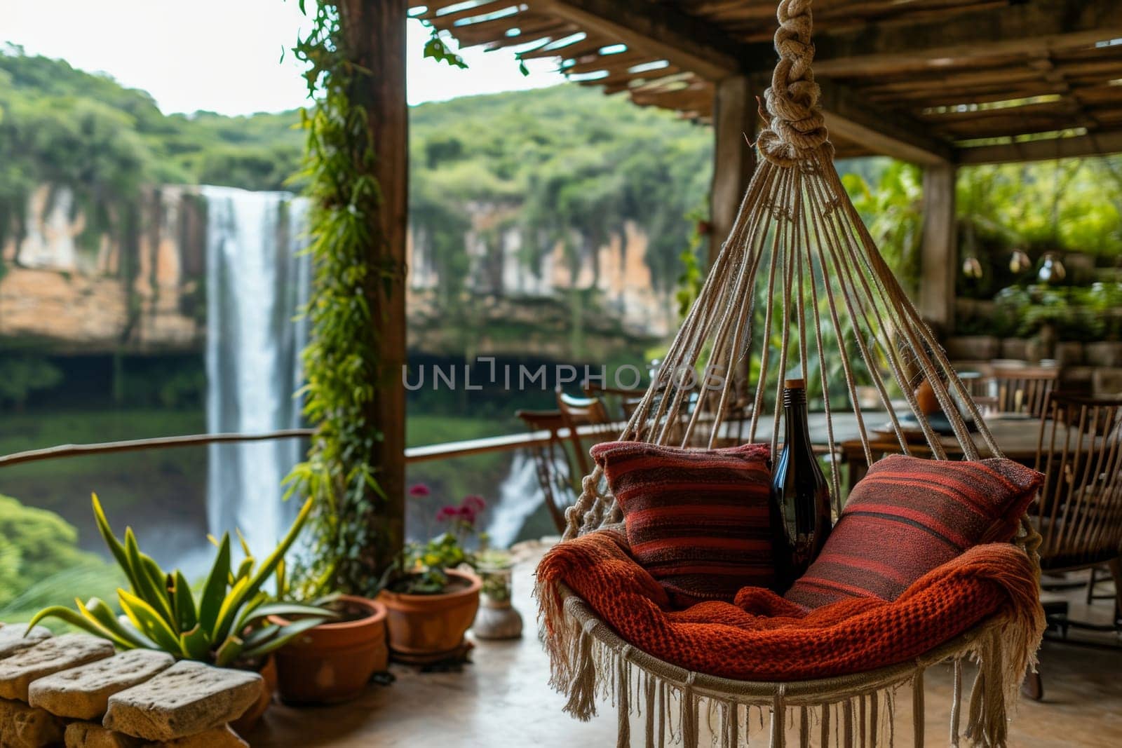 Stylish interior with a hammock on the background of a lake with a waterfall by Lobachad