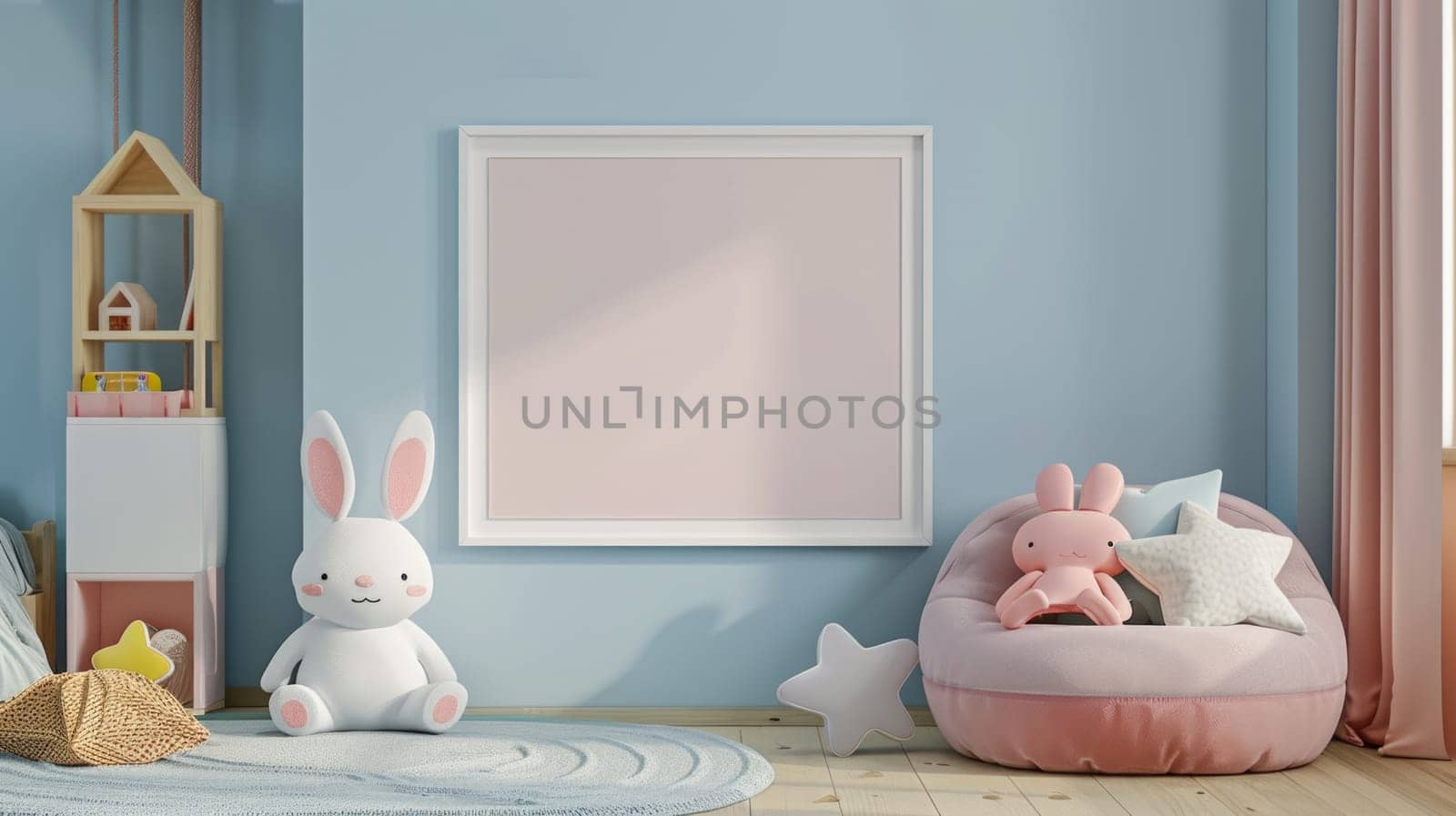 Blank photo frame for mockup in girl child room, 3D rendering.