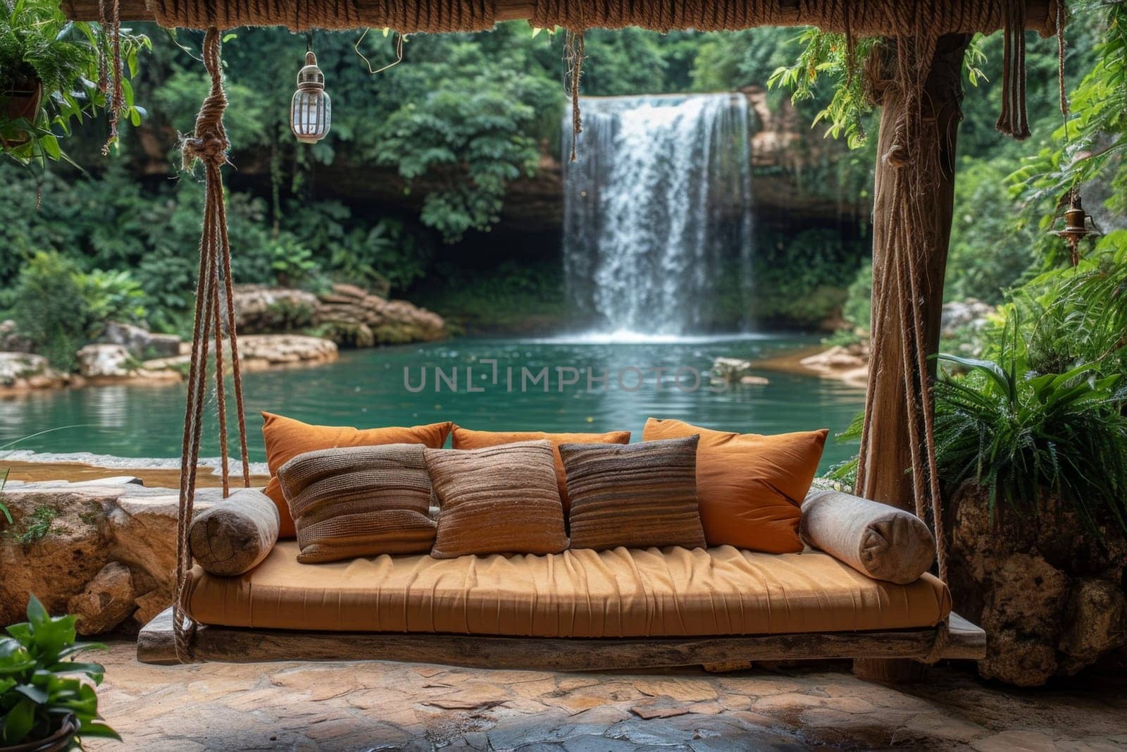 Stylish interior with a hammock on the background of a lake with a waterfall by Lobachad