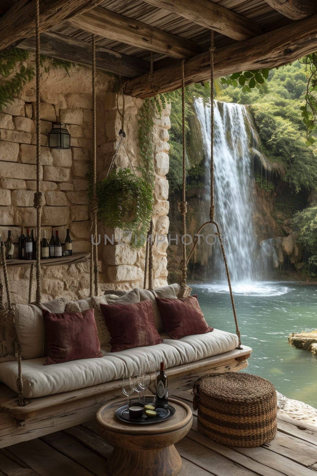 Stylish interior with a hammock on the background of a lake with a waterfall.