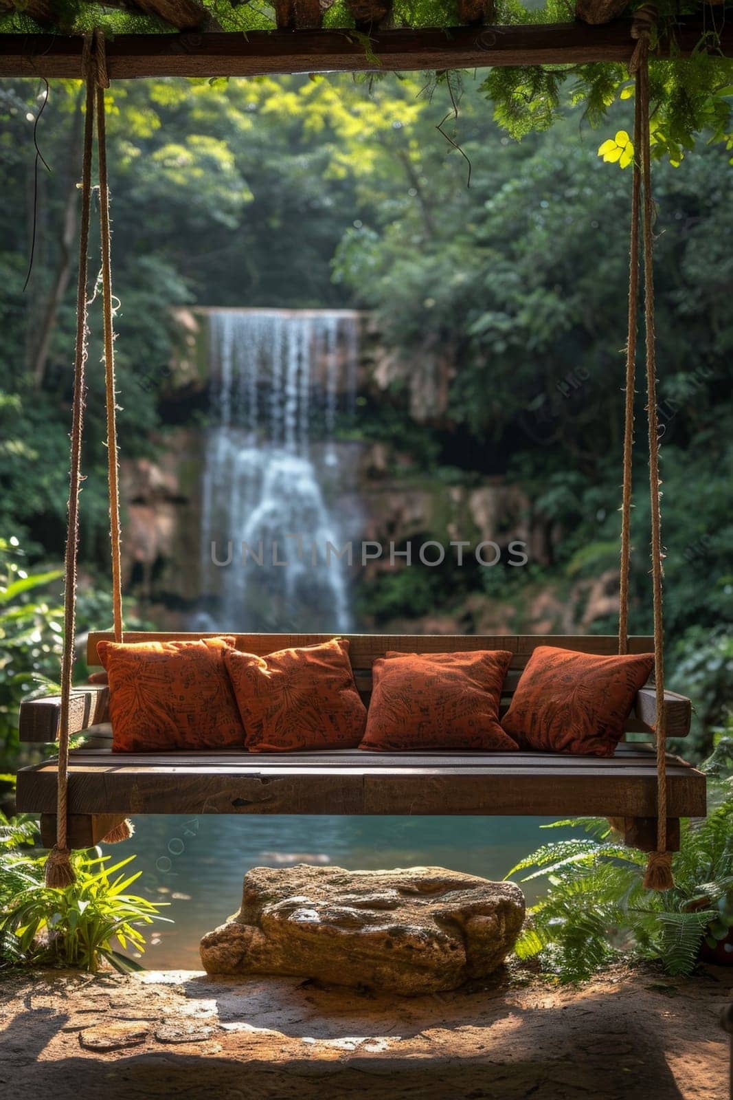 Stylish interior with swings on the background of a lake with a waterfall.