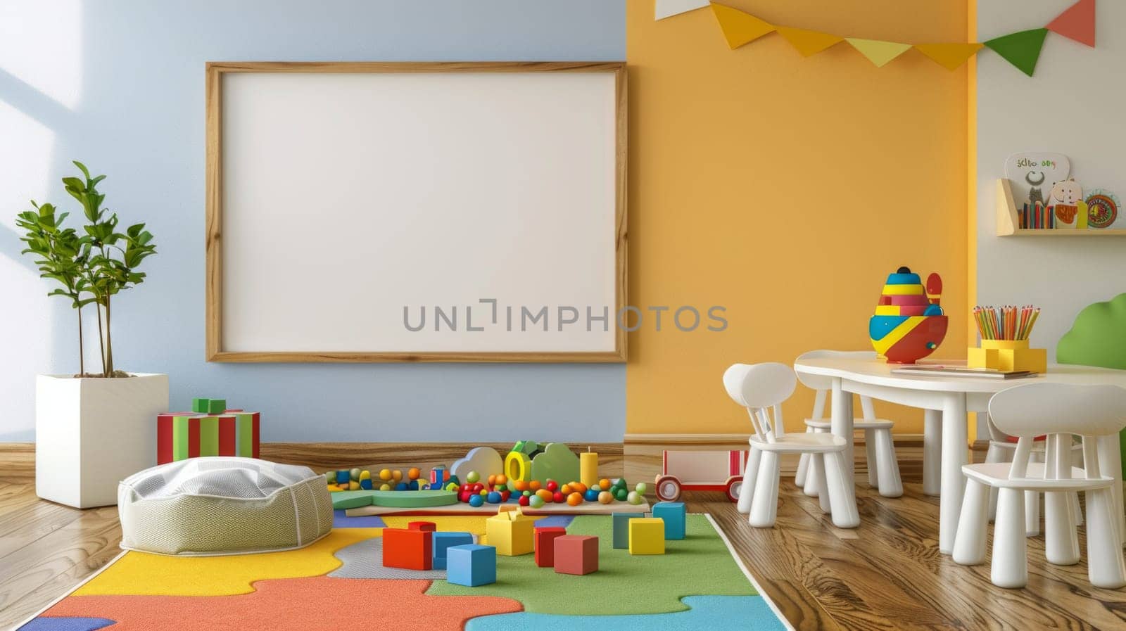Picture frame on a wall in a multicolored children room decorated with toys on the floor by papatonic
