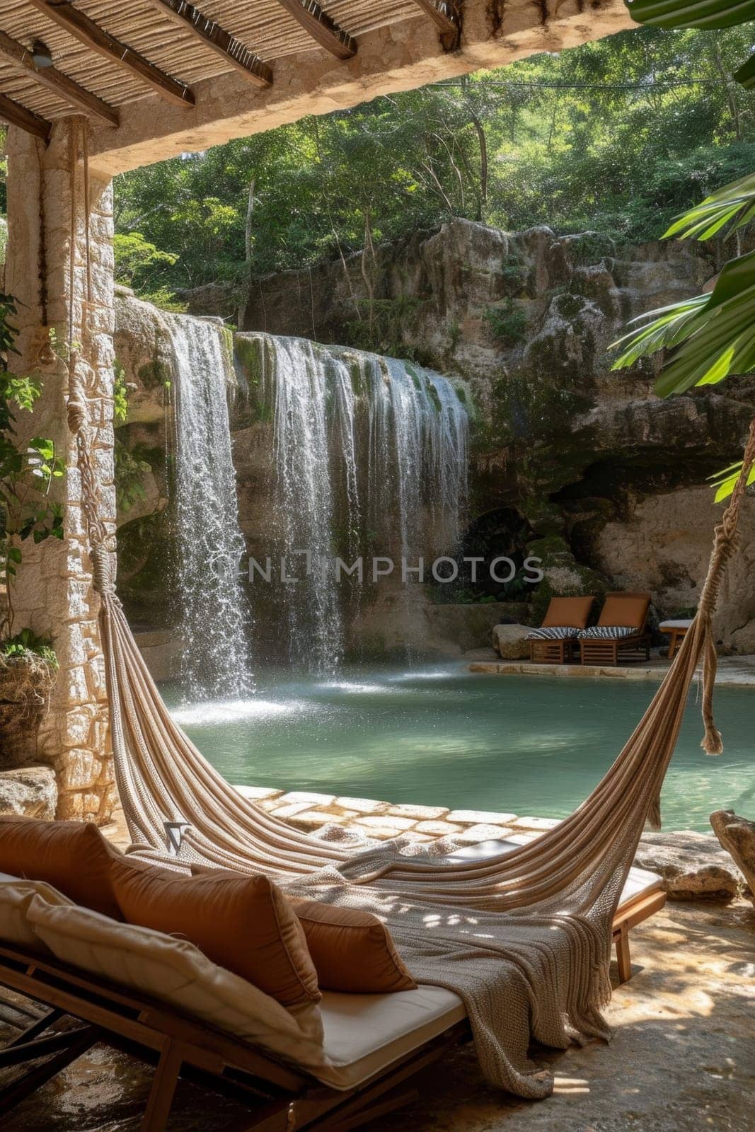 Stylish interior with a hammock on the background of a lake with a waterfall.