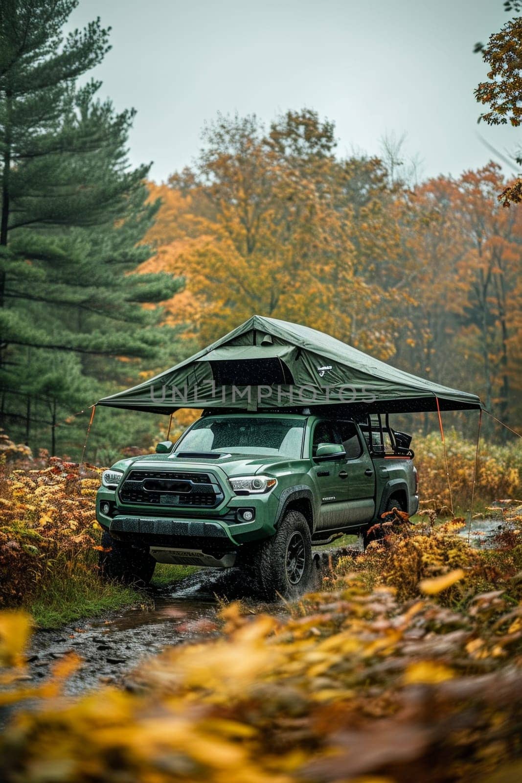 An SUV with a tent on the roof in the wild. Traveling by car.