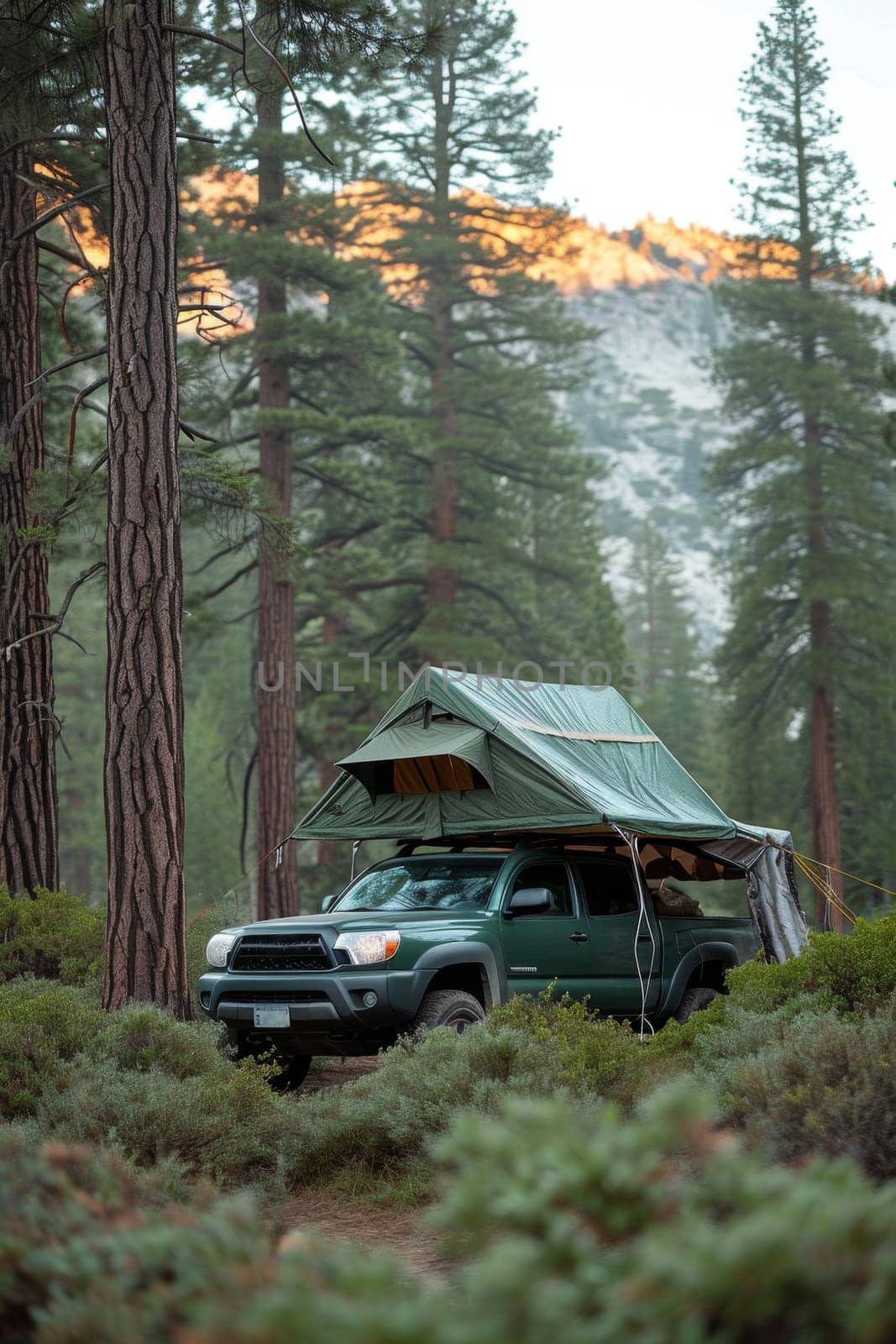 An SUV with a tent on the roof in the wild. Traveling by car.