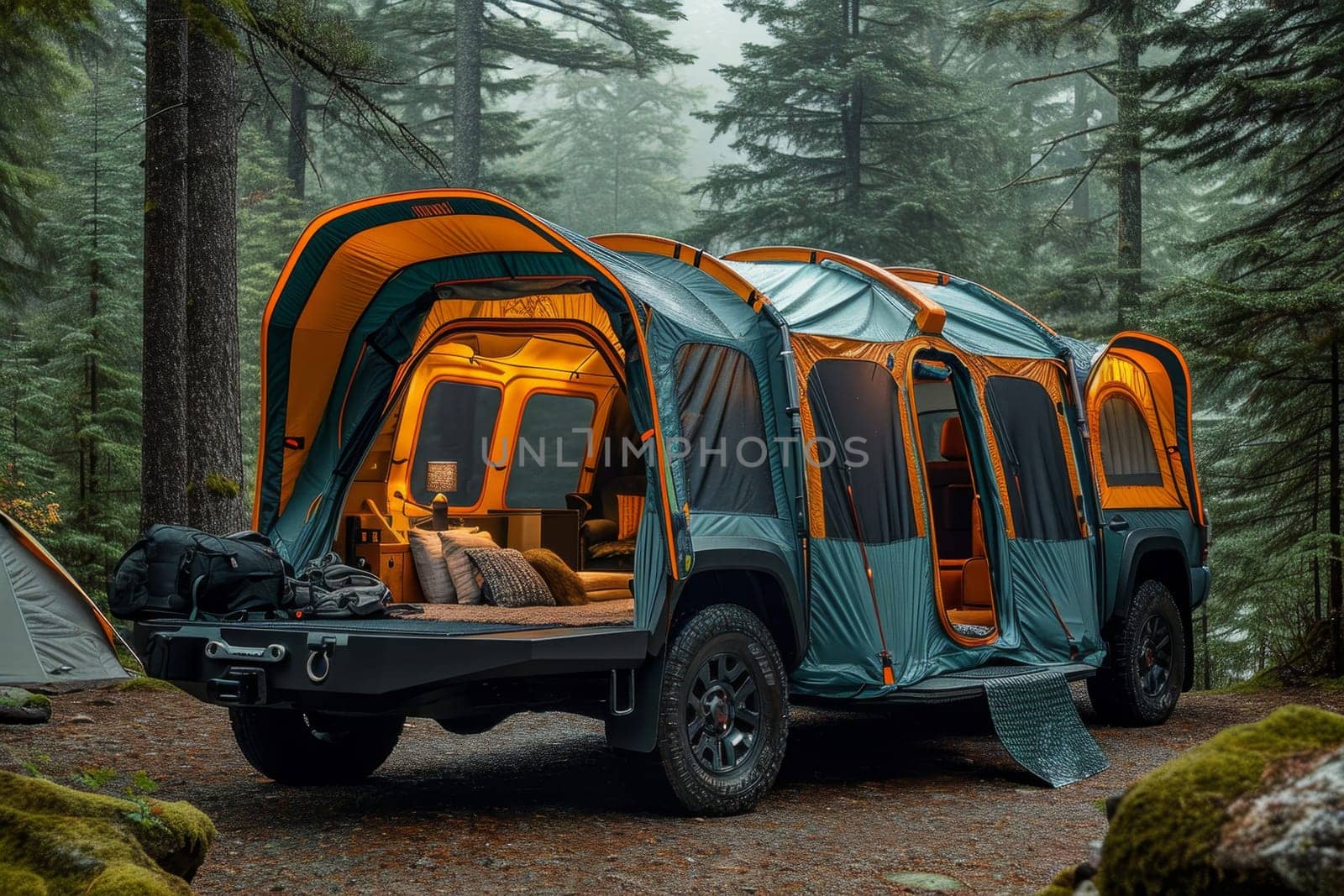 An SUV with a tent on the roof in the wild. Traveling by car.