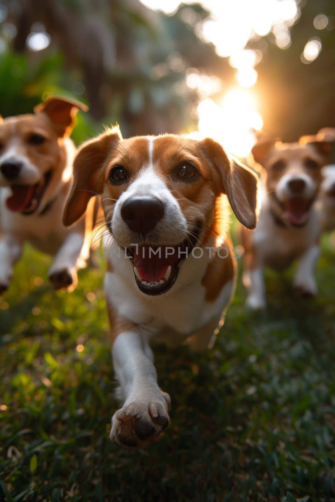 Running beagle dogs run on the green grass in summer by Lobachad