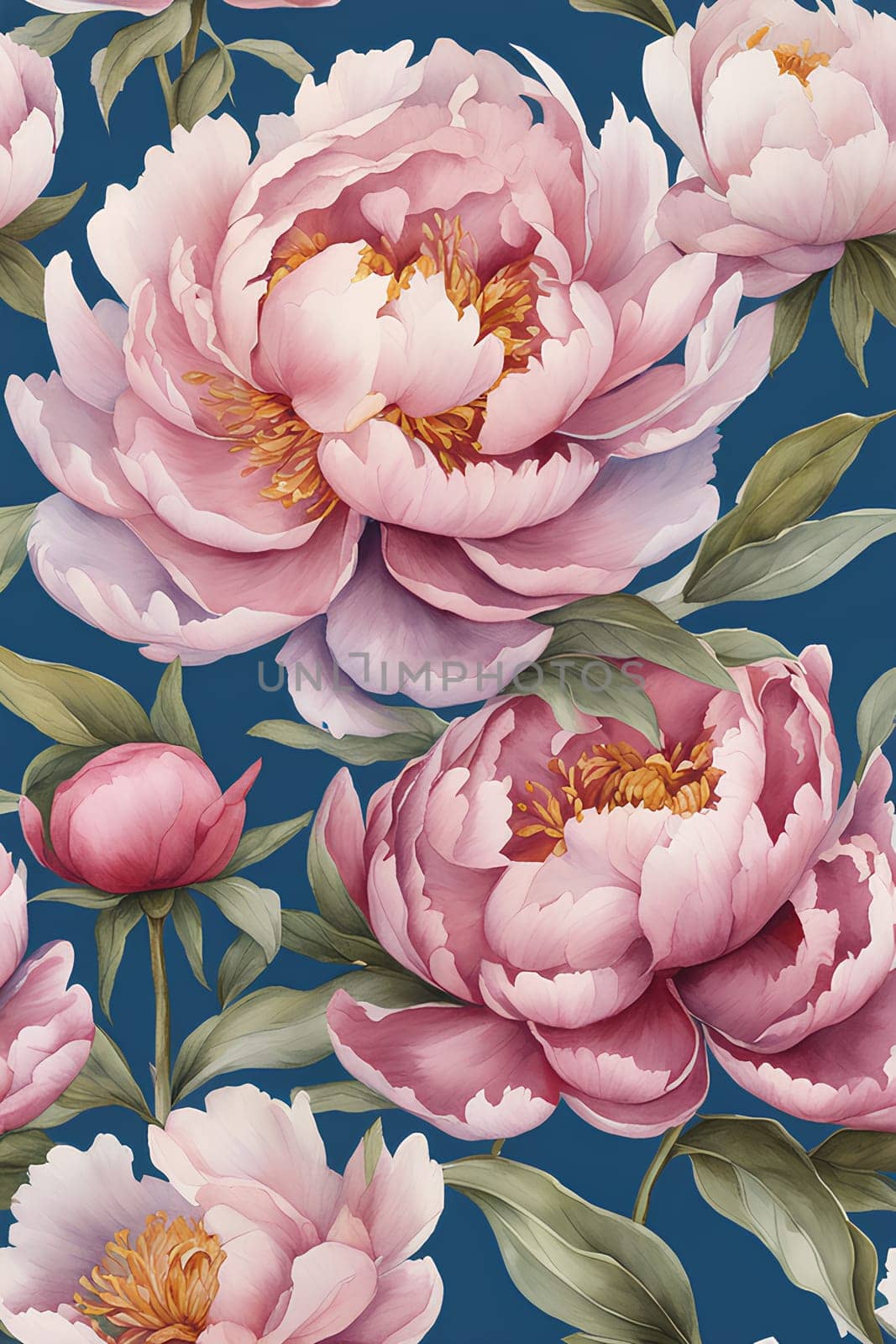 Watercolor peony flowers on blue background.
