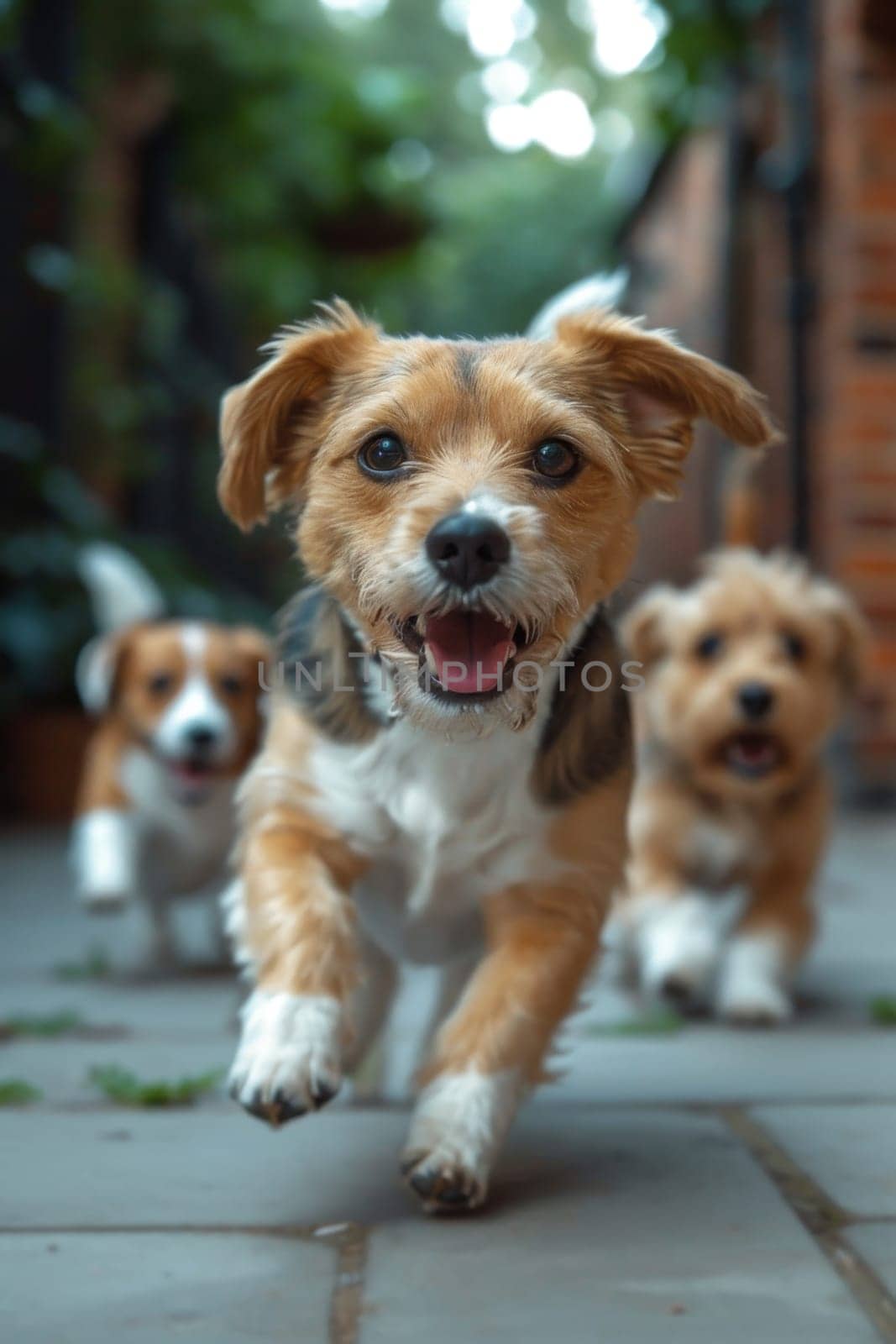 Jack Russell running dogs run on the green grass in summer by Lobachad