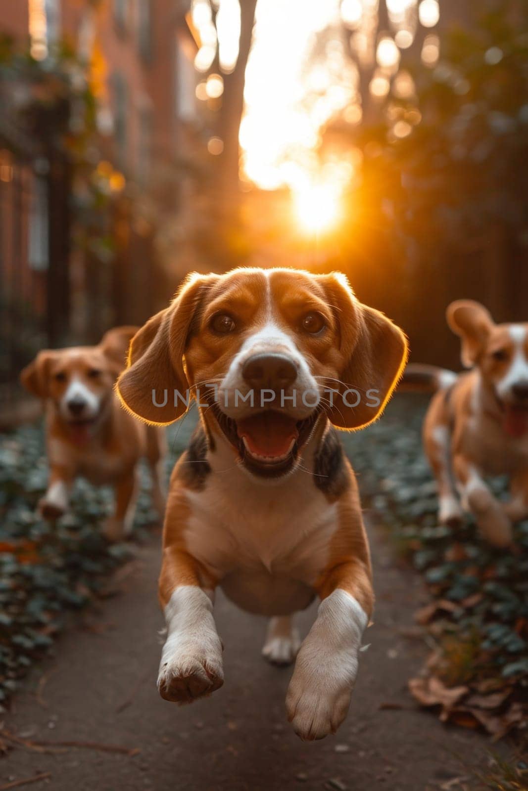 Running beagle dogs run on the green grass in summer.