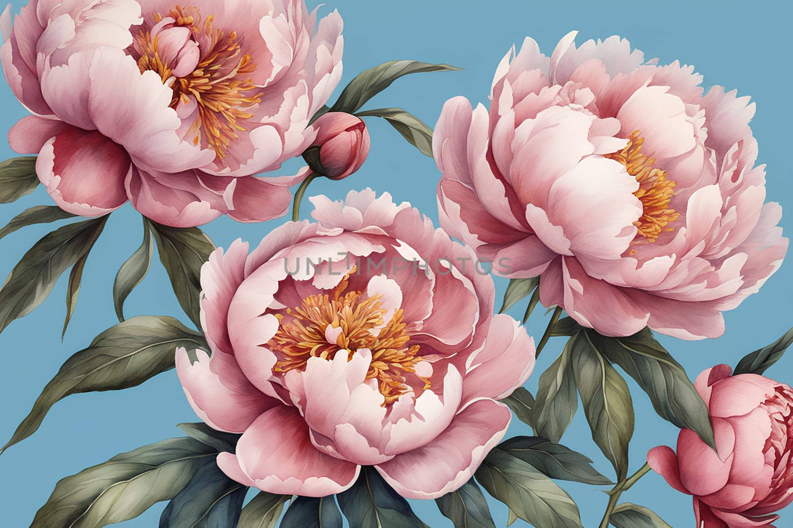 Watercolor peony flowers on blue background by Annu1tochka