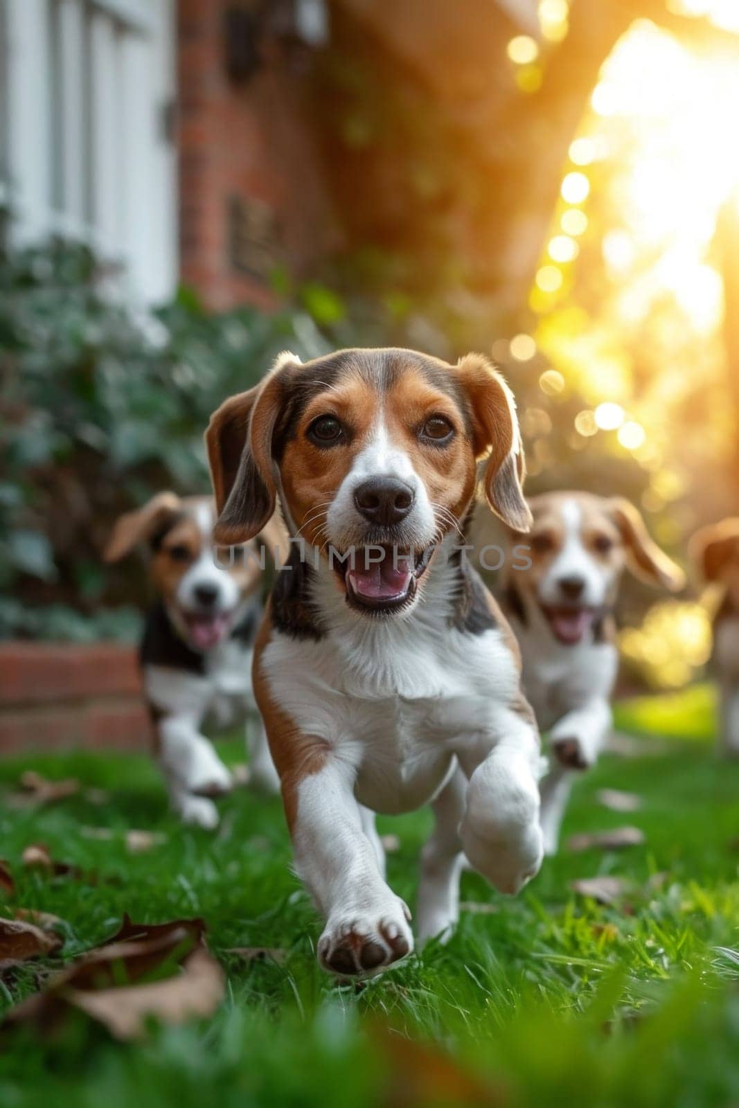 Running beagle dogs run on the green grass in summer.