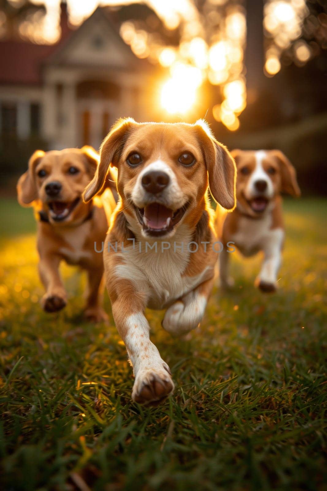 Running beagle dogs run on the green grass in summer.