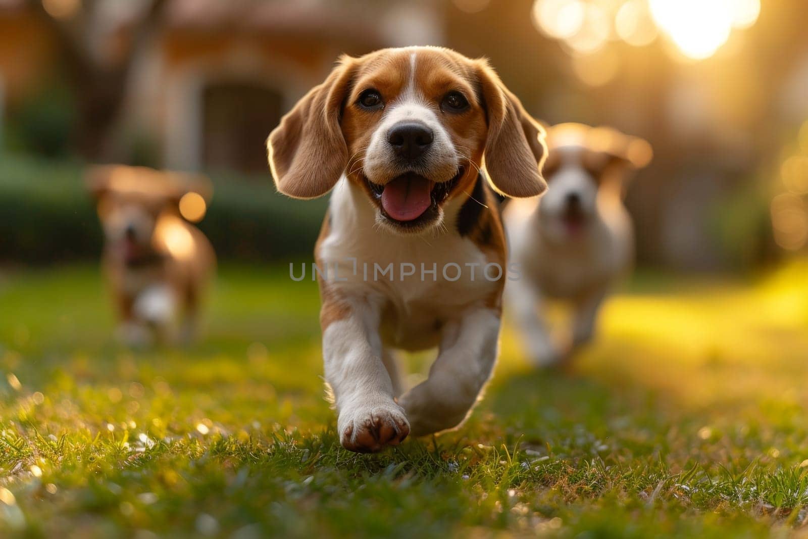 Running beagle dogs run on the green grass in summer.