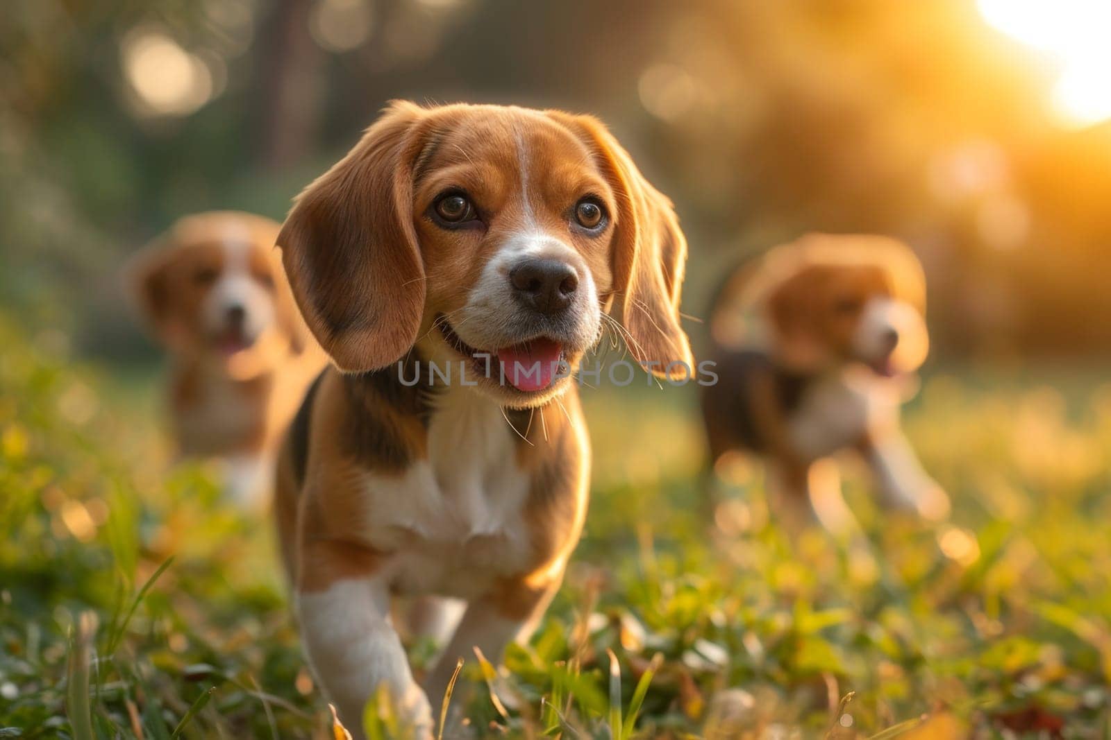 Running beagle dogs run on the green grass in summer.