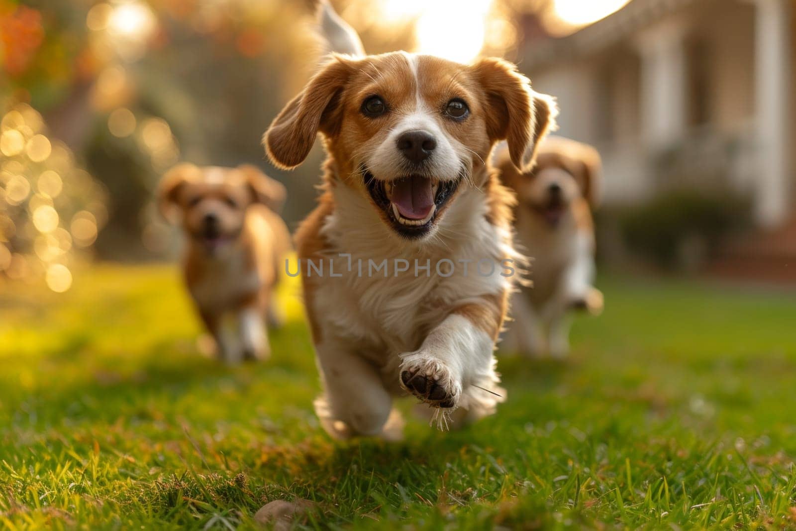 Running beagle dogs run on the green grass in summer by Lobachad