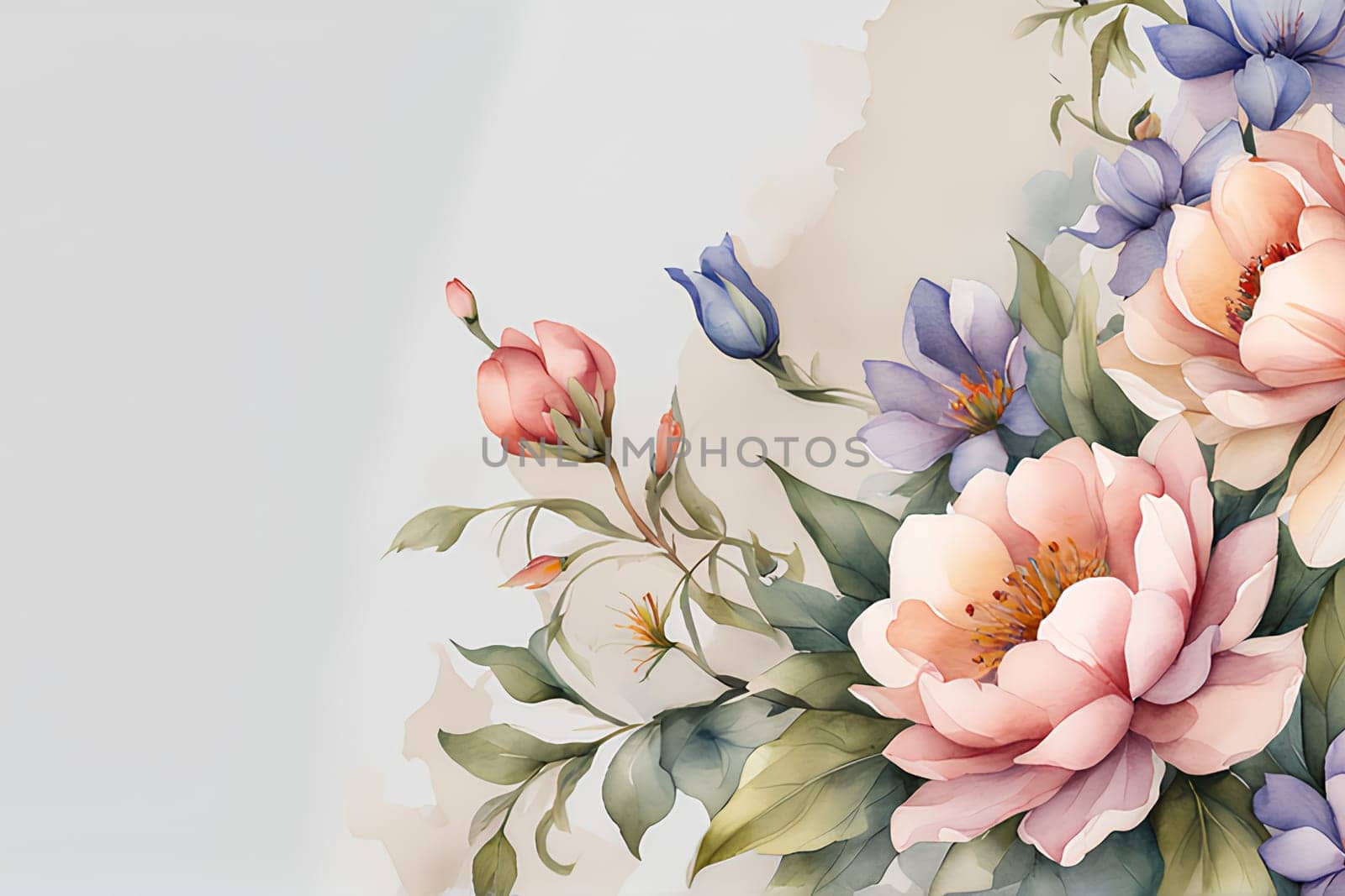 Watercolor spring flowers on beige background; copy space, wallpaper. by Annu1tochka