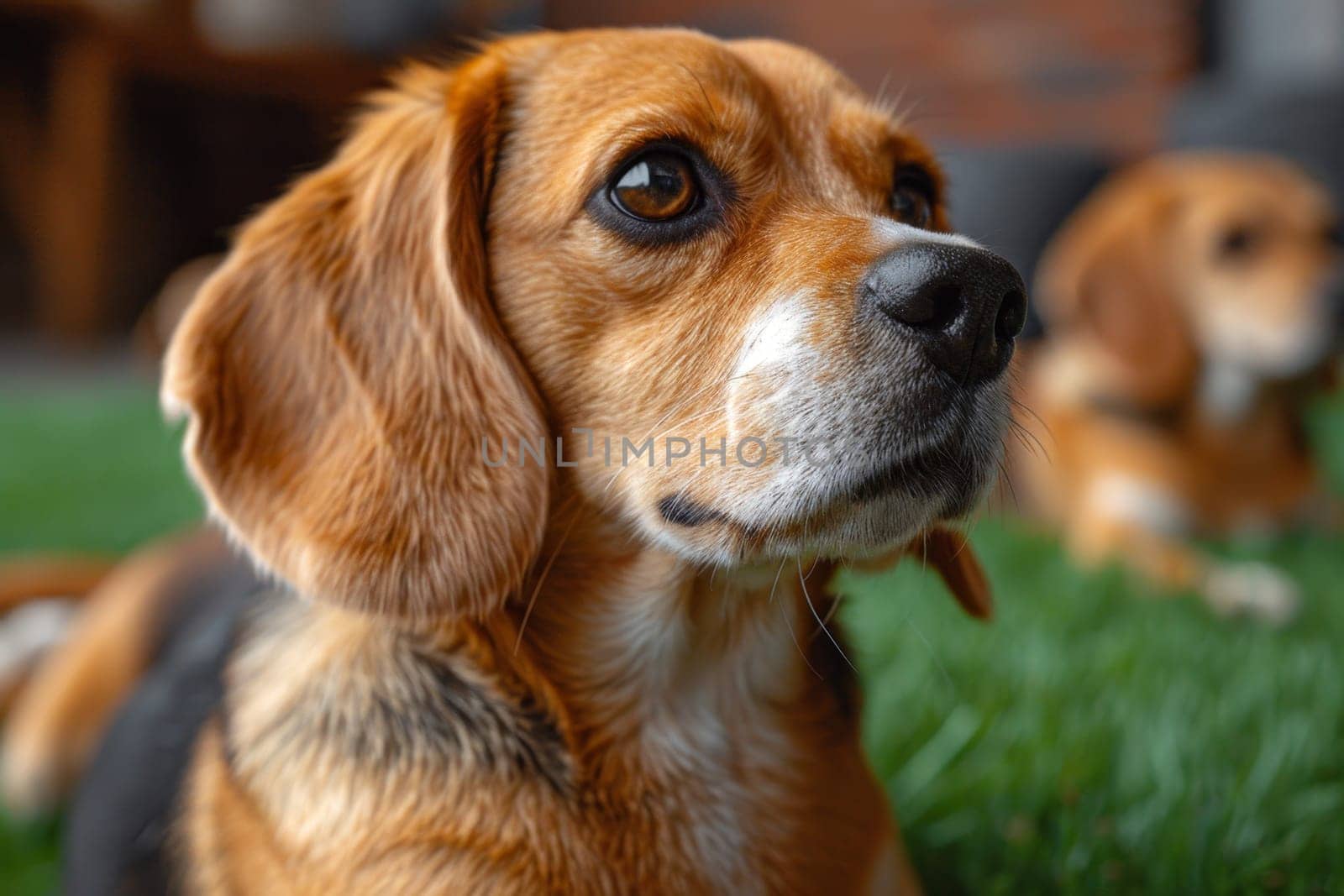 Portrait of a beagle dog in summer on a green lawn.