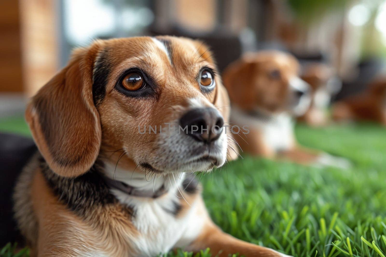 Portrait of a beagle dog in summer on a green lawn by Lobachad