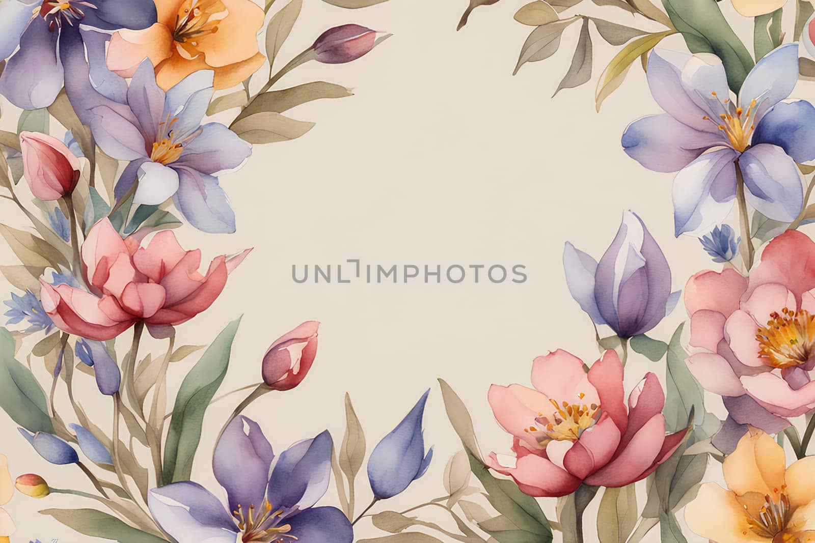 Watercolor spring flowers on beige background copy space, wallpaper
