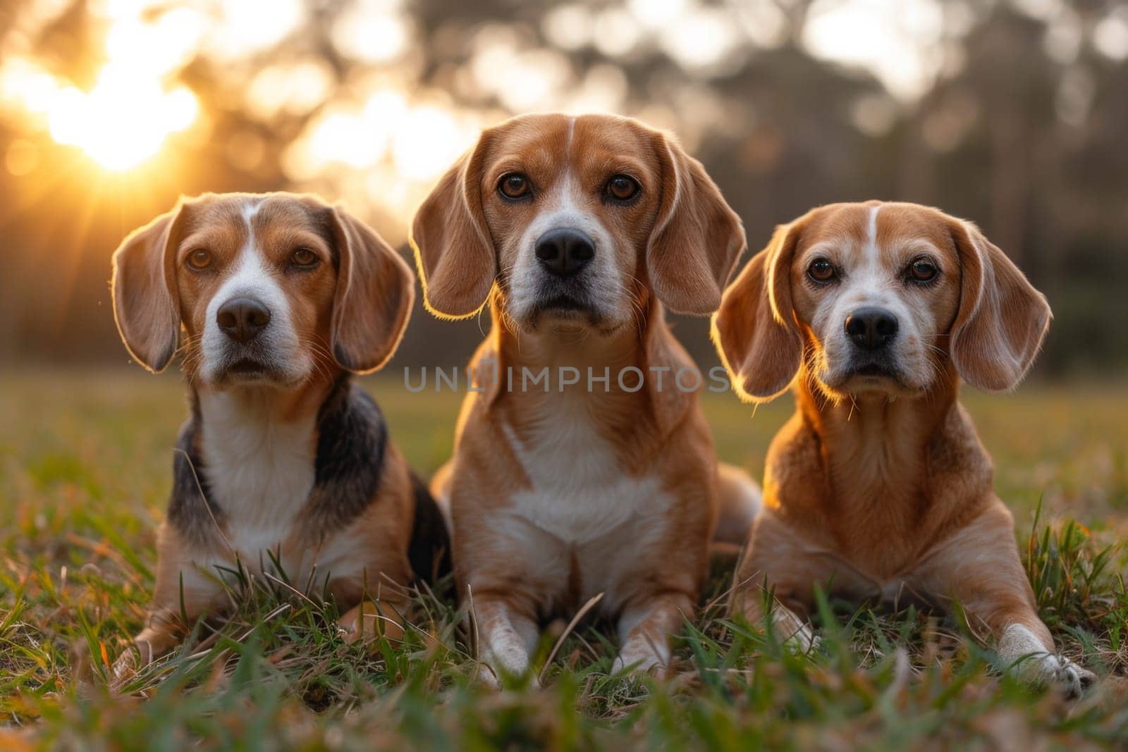 Portrait of a beagle dog in summer on a green lawn.