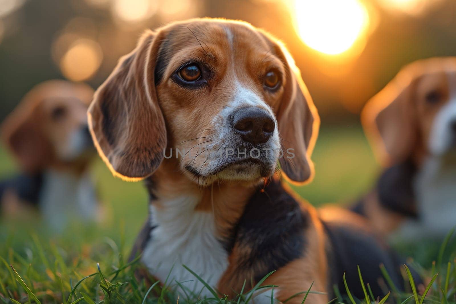 Portrait of a beagle dog in summer on a green lawn.