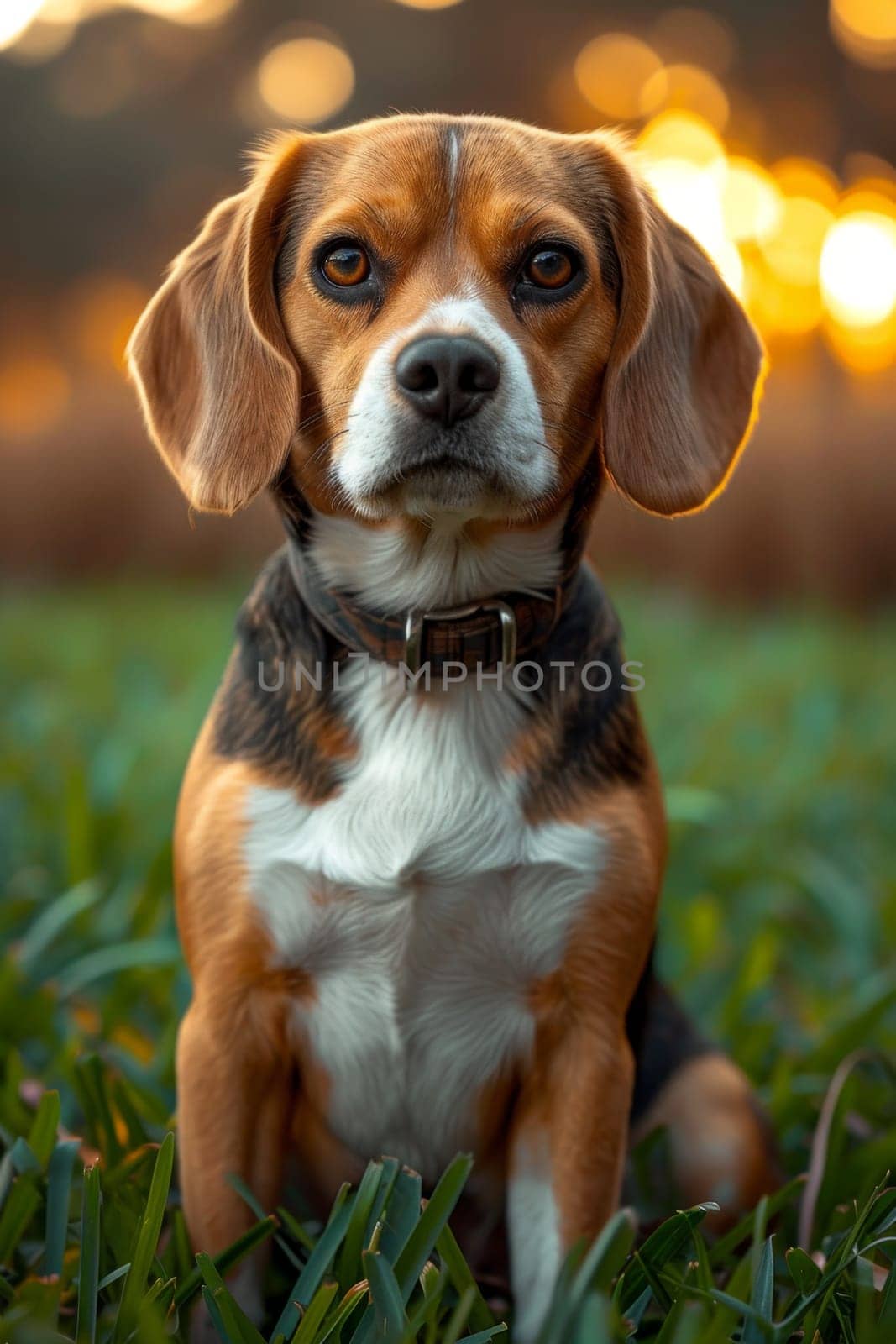 Portrait of a beagle dog in summer on a green lawn by Lobachad