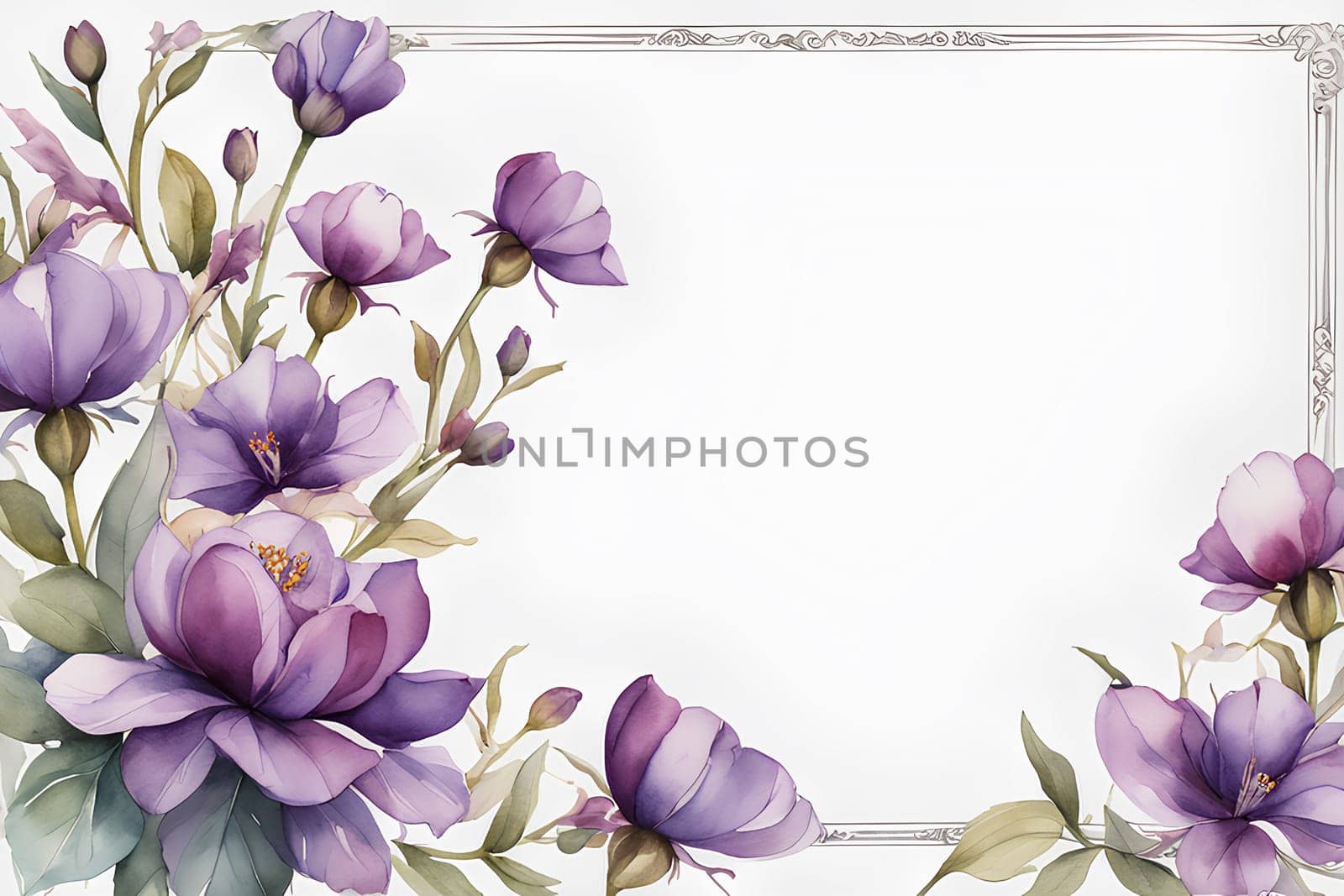 Framing purple flowers on white background with copy space watercolor illustration by Annu1tochka
