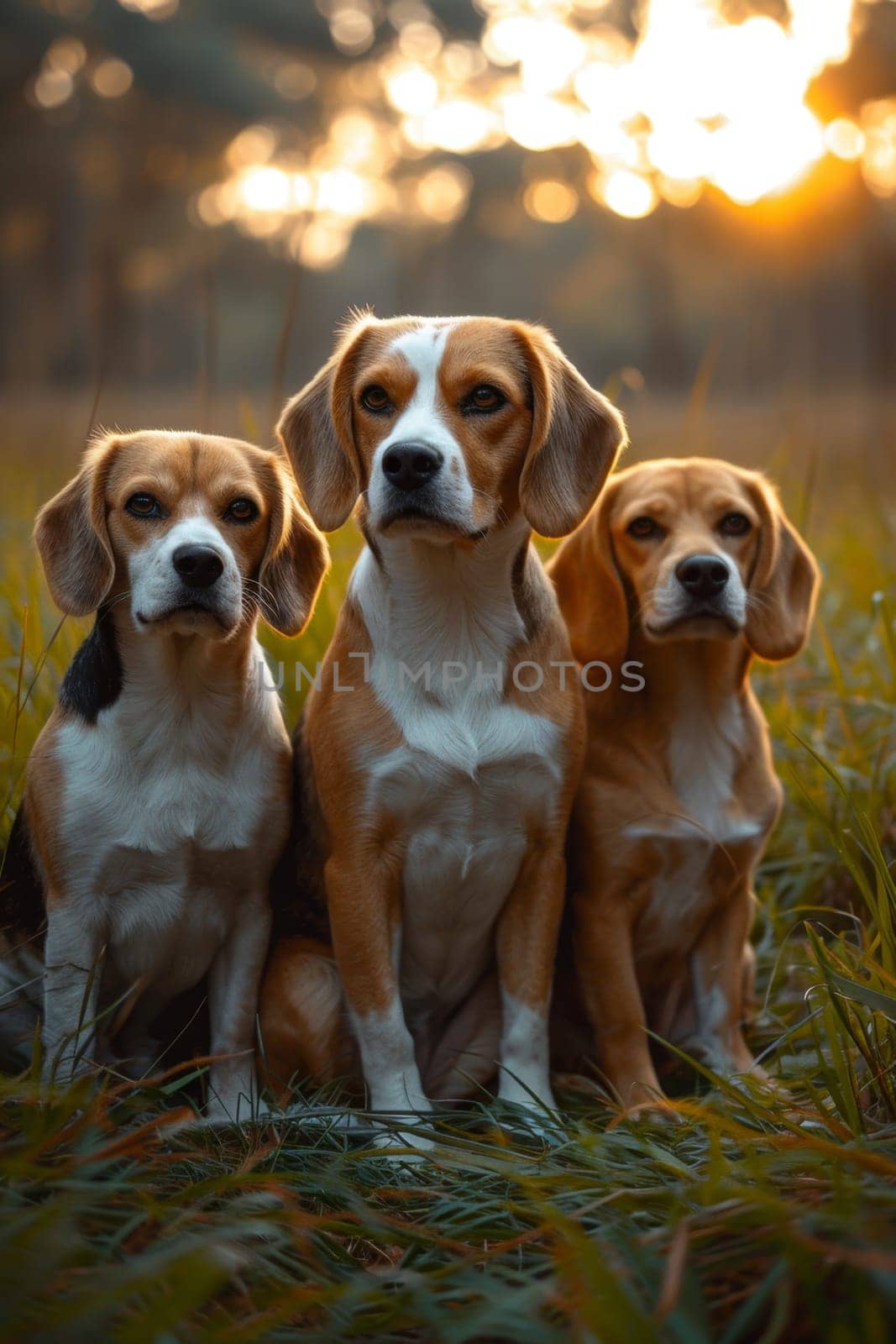 Portrait of a beagle dog in summer on a green lawn.