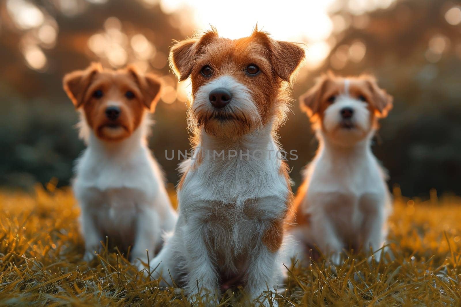 Portrait of a group of Jack Russell dogs in summer on a green lawn.