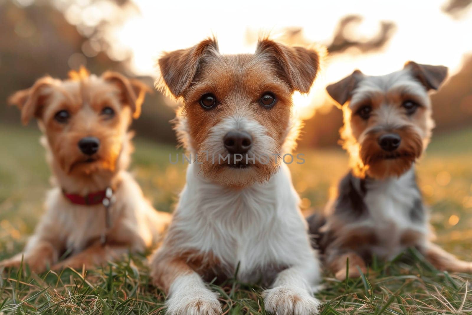 Portrait of a group of Jack Russell dogs in summer on a green lawn.