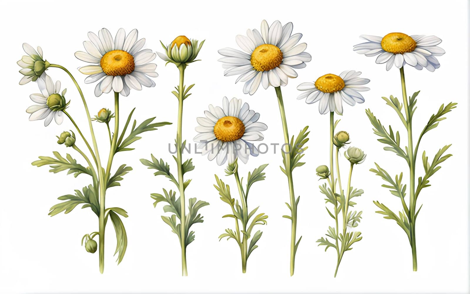 Set of chamomile flowers on white background, watercolor illustration. by Annu1tochka